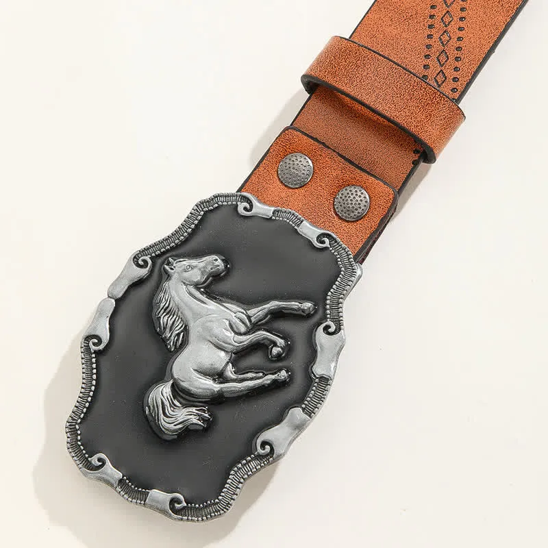 Men's Classical Silver Running Horse Buckle Leather Belt