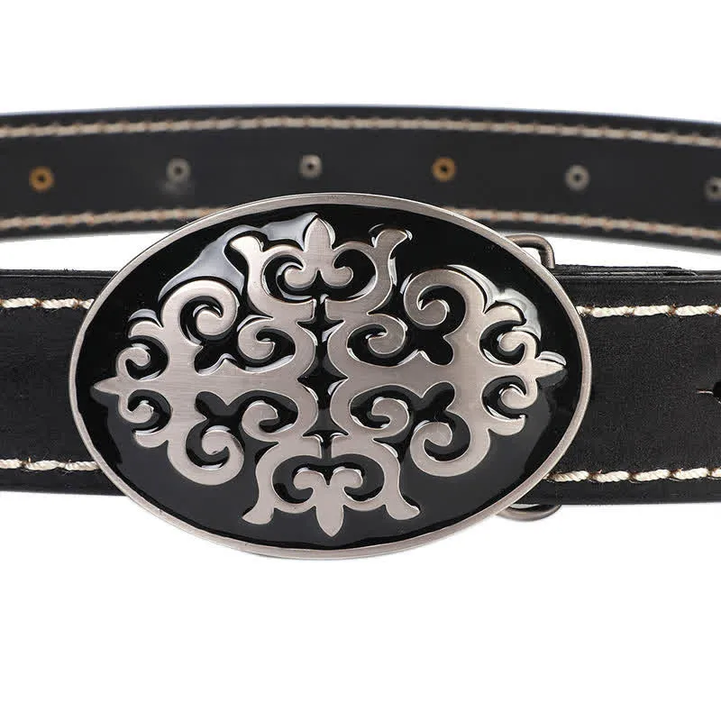 Men's Ethnic Carved Flower & Lion Head Rivet Leather Belt