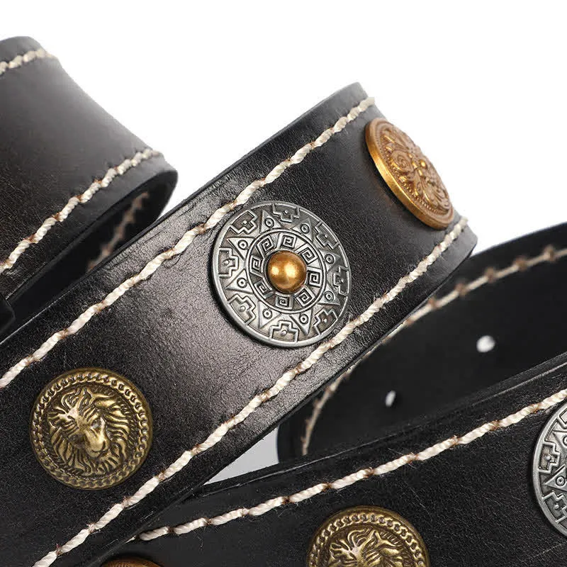 Men's Ethnic Carved Flower & Lion Head Rivet Leather Belt