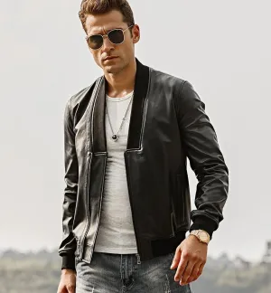 Mens Fashion Lambskin V-Neck collar Leather Jacket