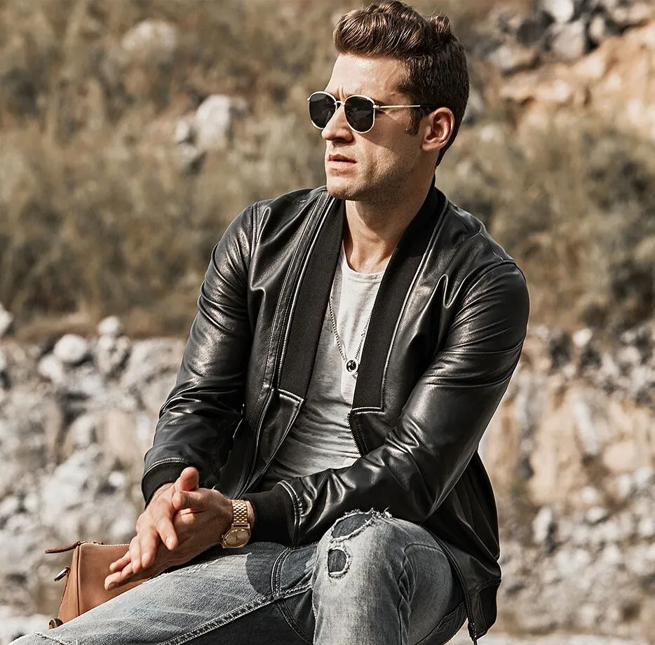 Mens Fashion Lambskin V-Neck collar Leather Jacket