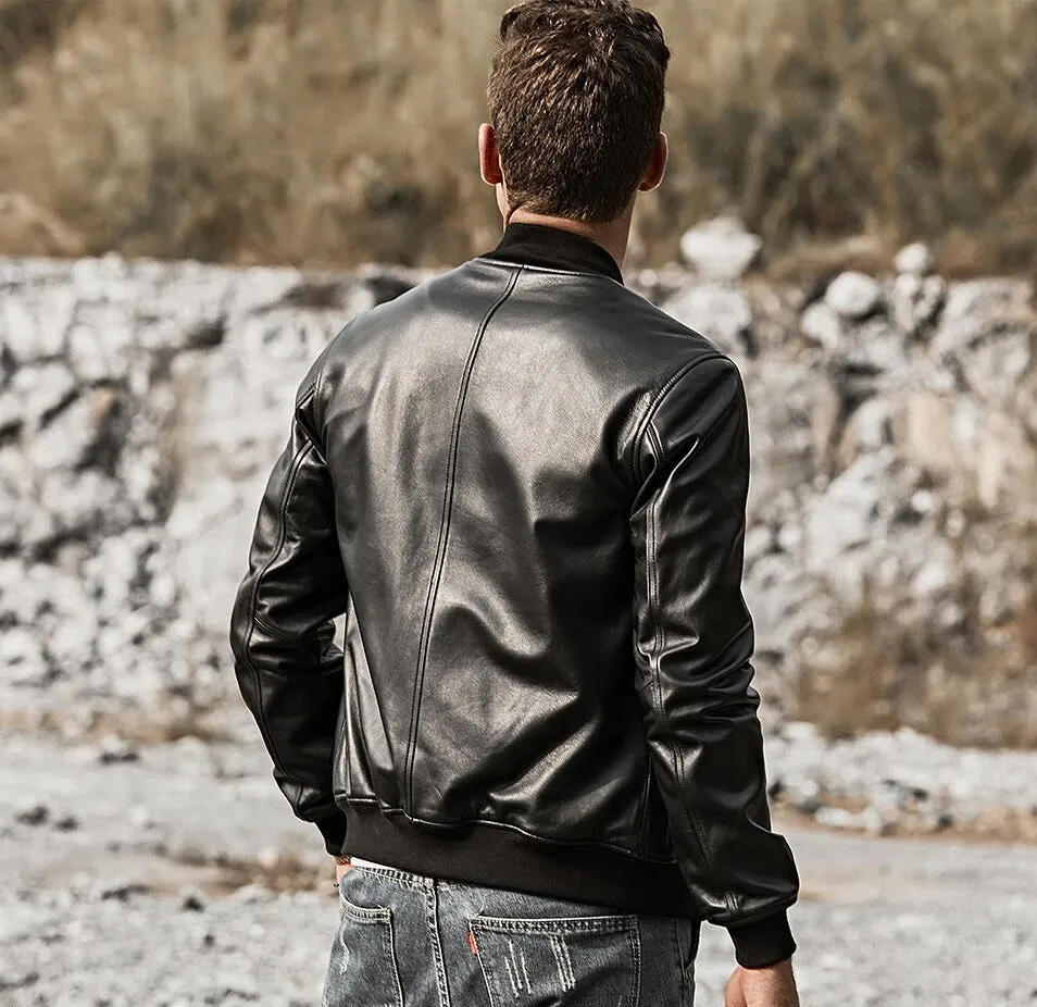 Mens Fashion Lambskin V-Neck collar Leather Jacket