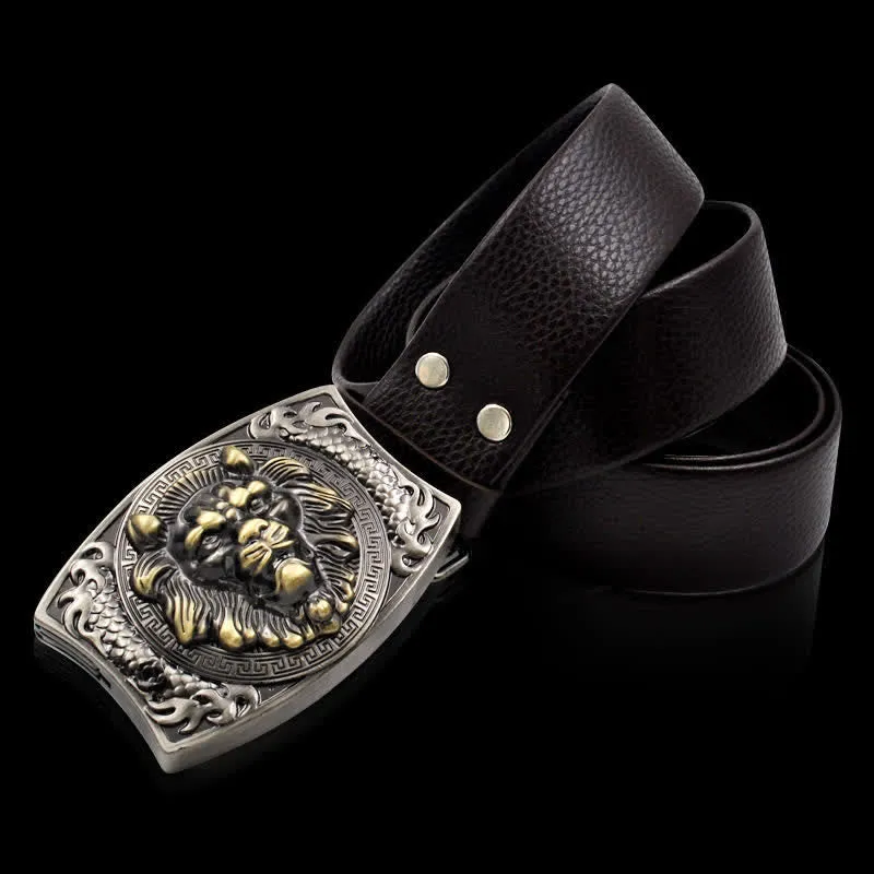 Men's Lion Insignia Leather Belt With Folding Knife