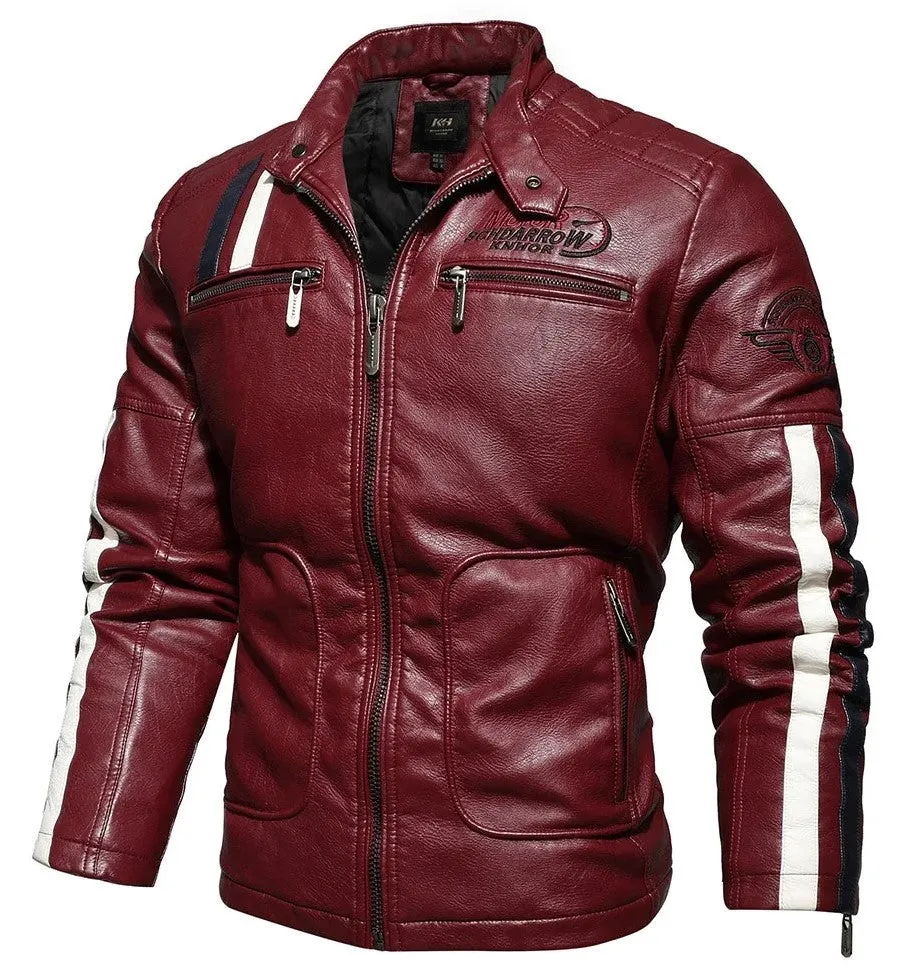 Men's Motorcycle Leather Jacket Autumn Casual Patchwork Vintage Overcoat Biker PU Embroidery Bomber Zipper Fleece Jackets Male