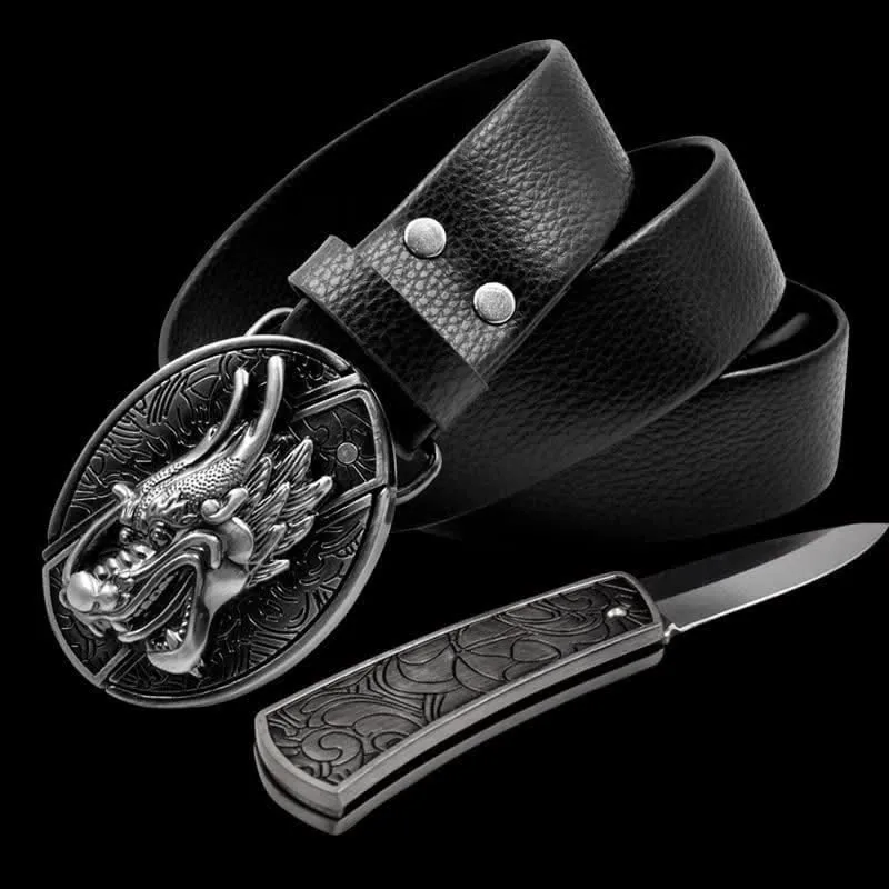 Men's Vintage 3D Dragon Leather Belt With Folding Knife