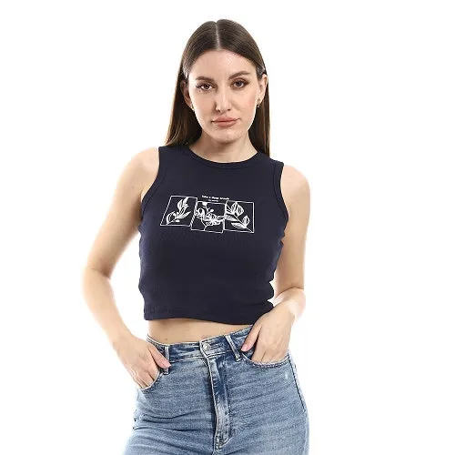 Navy Blue Crop Top With Graphic Print