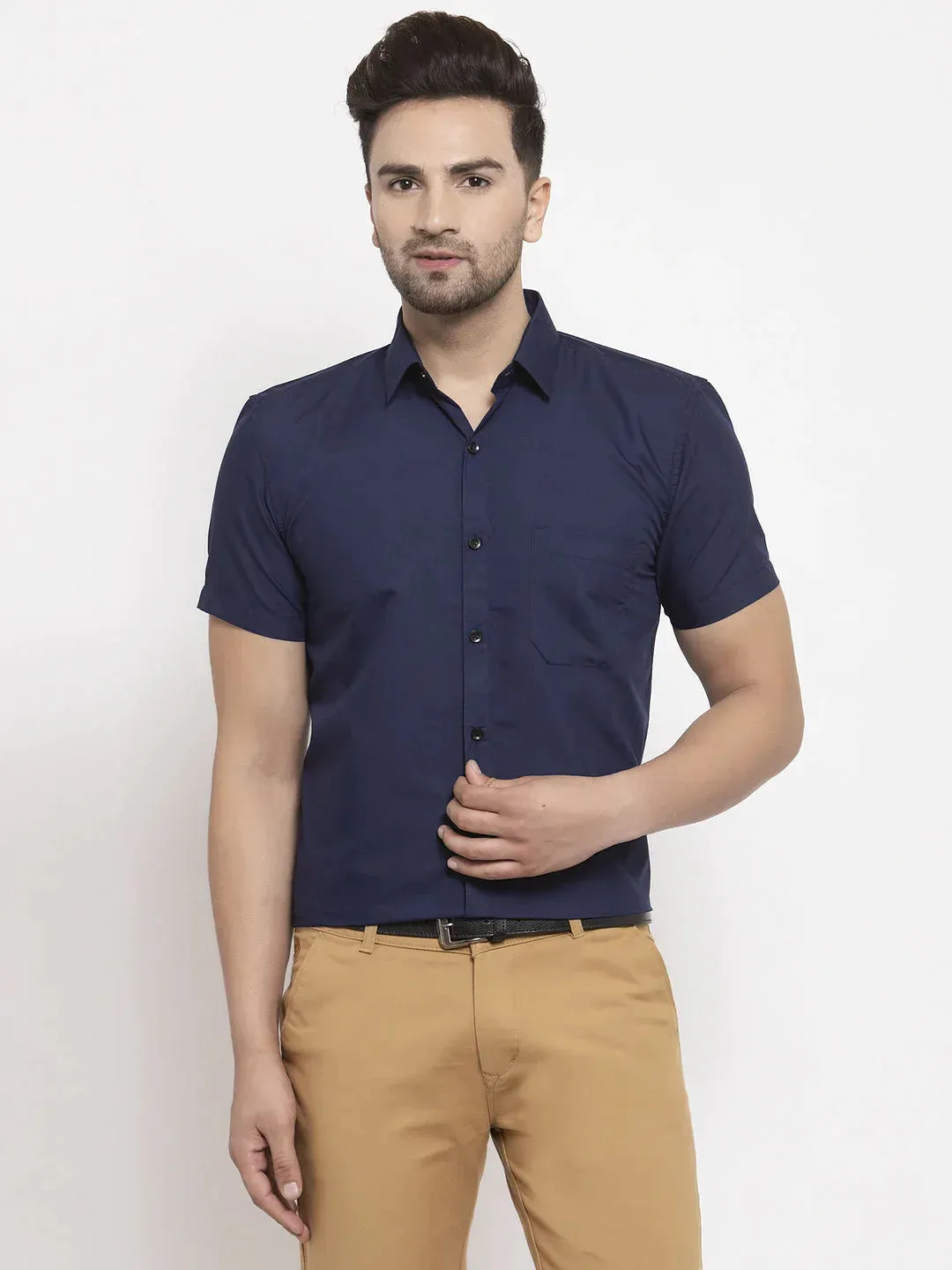 Navy Men'S Cotton Half Sleeves Solid Formal Shirts