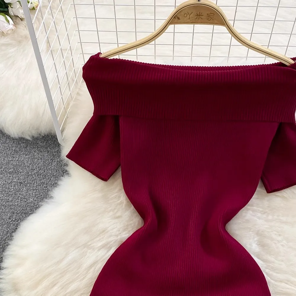 off-shoulder A-line ruffled knitted dress      S4080