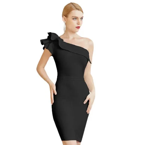 One Shoulder Sleeveless Ruffles Bodycon Bandage Dresses For Women