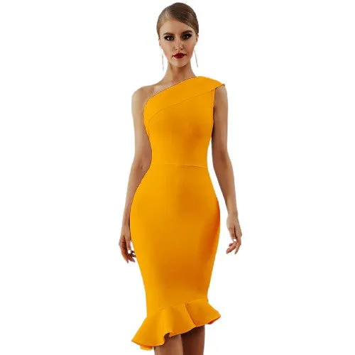 One Shoulder Sleeveless Ruffles Design Bodycon Stylish Dresses For Women