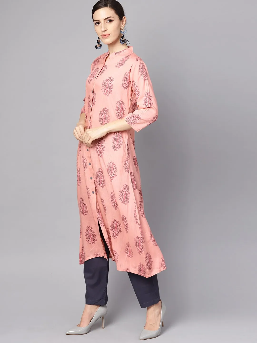 Pastel Pink Printed Kurta Set With Solid Dark Grey Pants