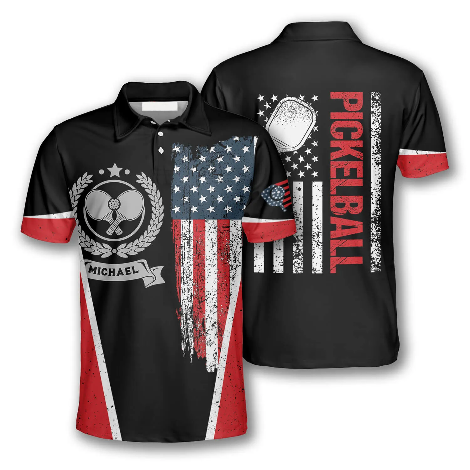 Pickleball Emblem American Flag Custom Pickleball Shirts for Men