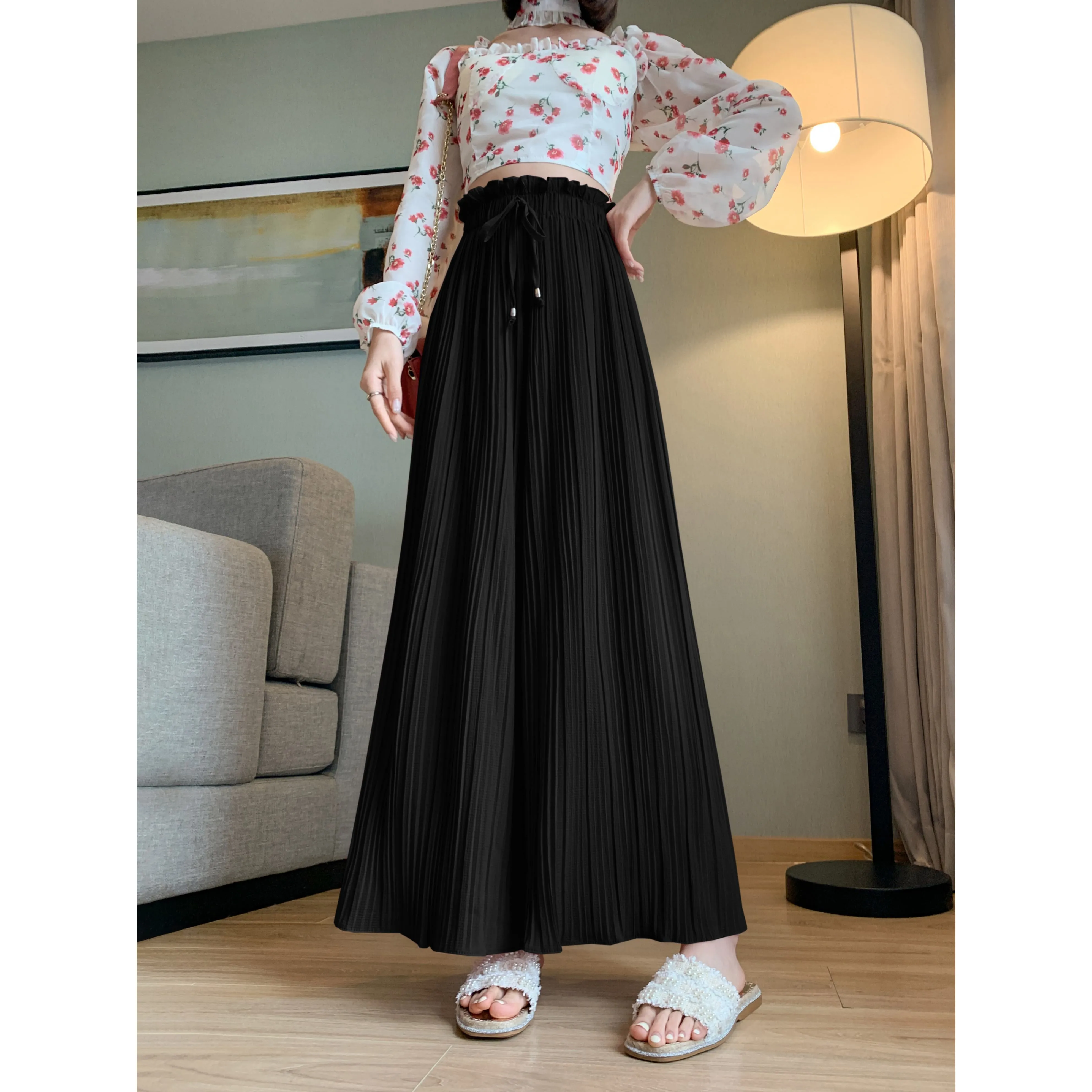 Pleated Chiffon Loose Fit High-Waisted Culottes Draping Pants