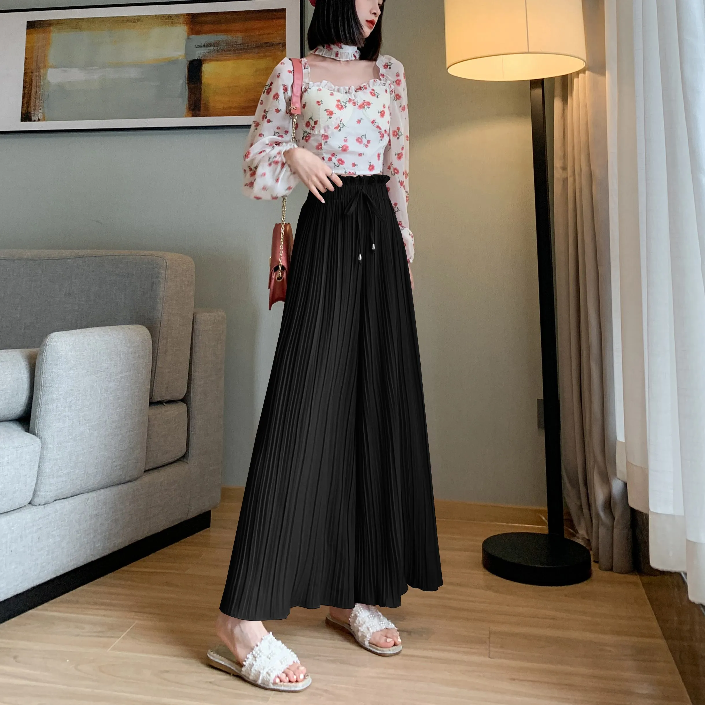 Pleated Chiffon Loose Fit High-Waisted Culottes Draping Pants