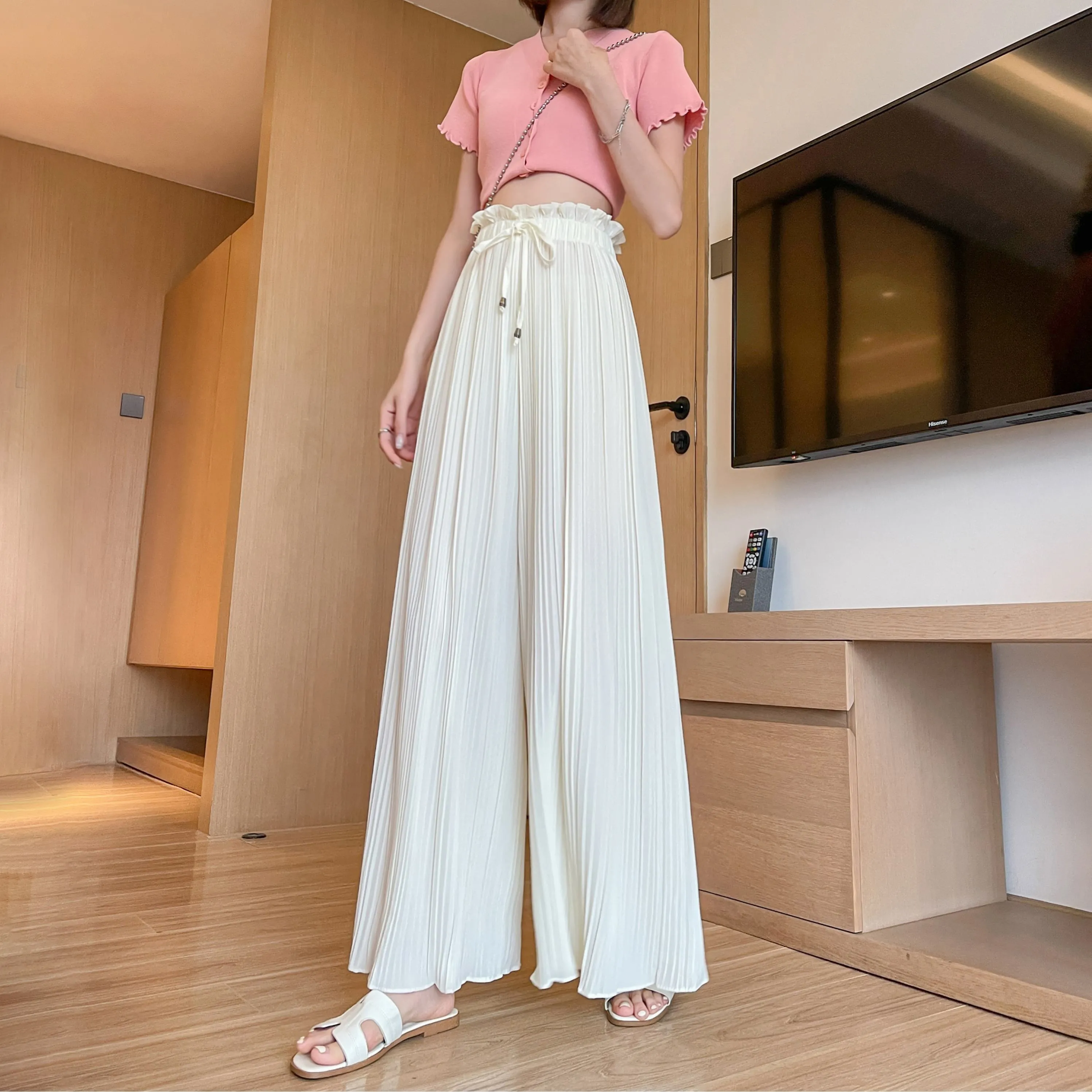 Pleated Chiffon Loose Fit High-Waisted Culottes Draping Pants