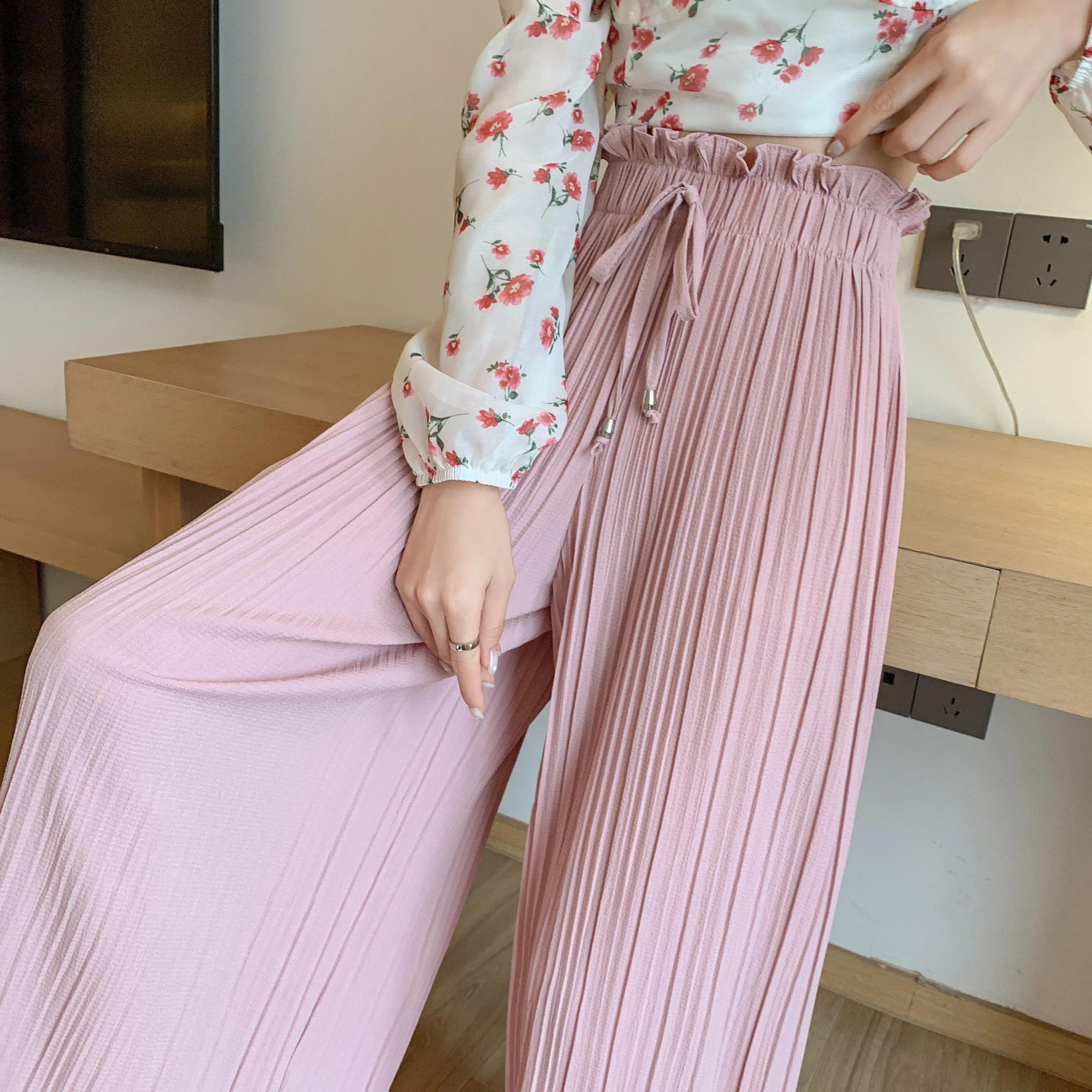 Pleated Chiffon Loose Fit High-Waisted Culottes Draping Pants