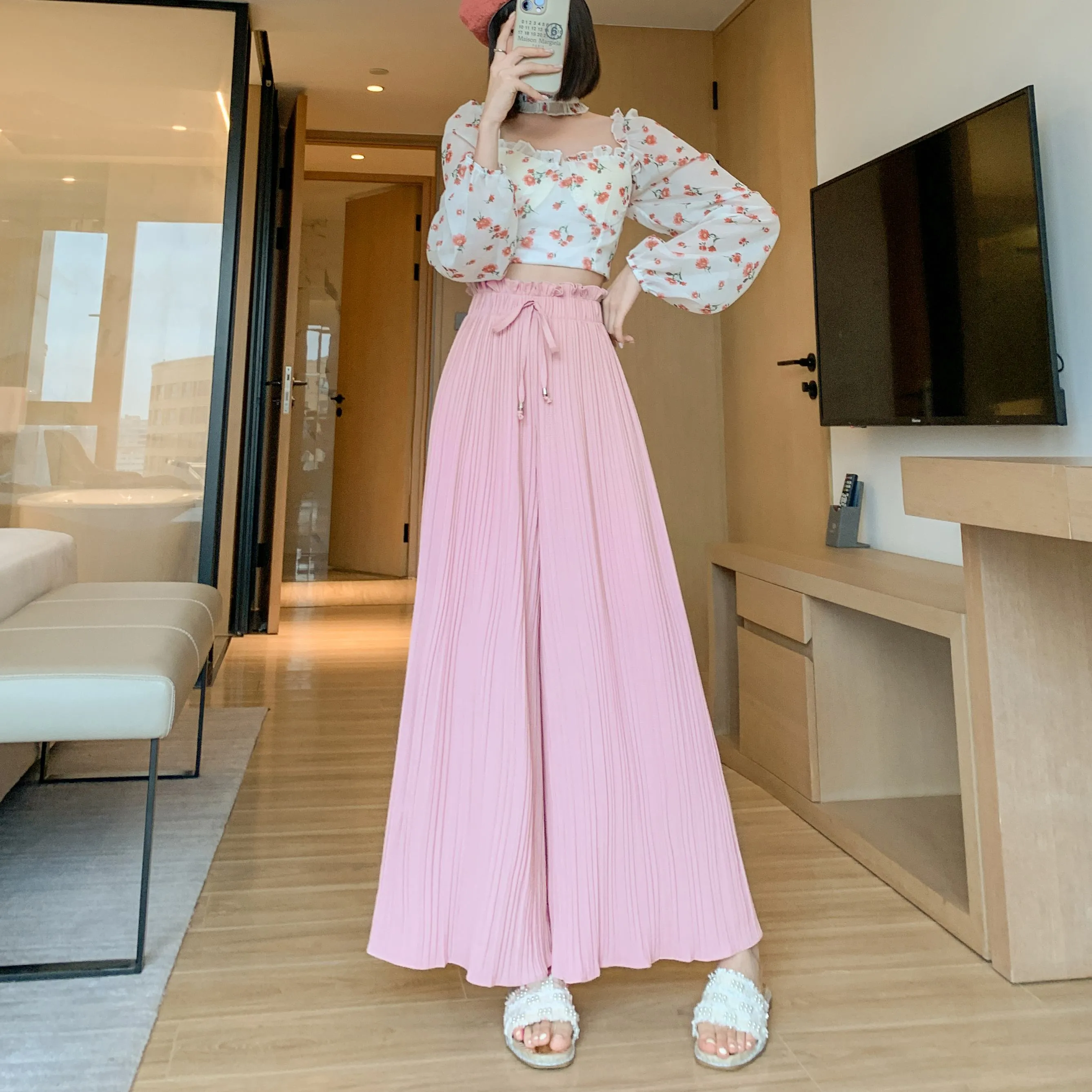 Pleated Chiffon Loose Fit High-Waisted Culottes Draping Pants