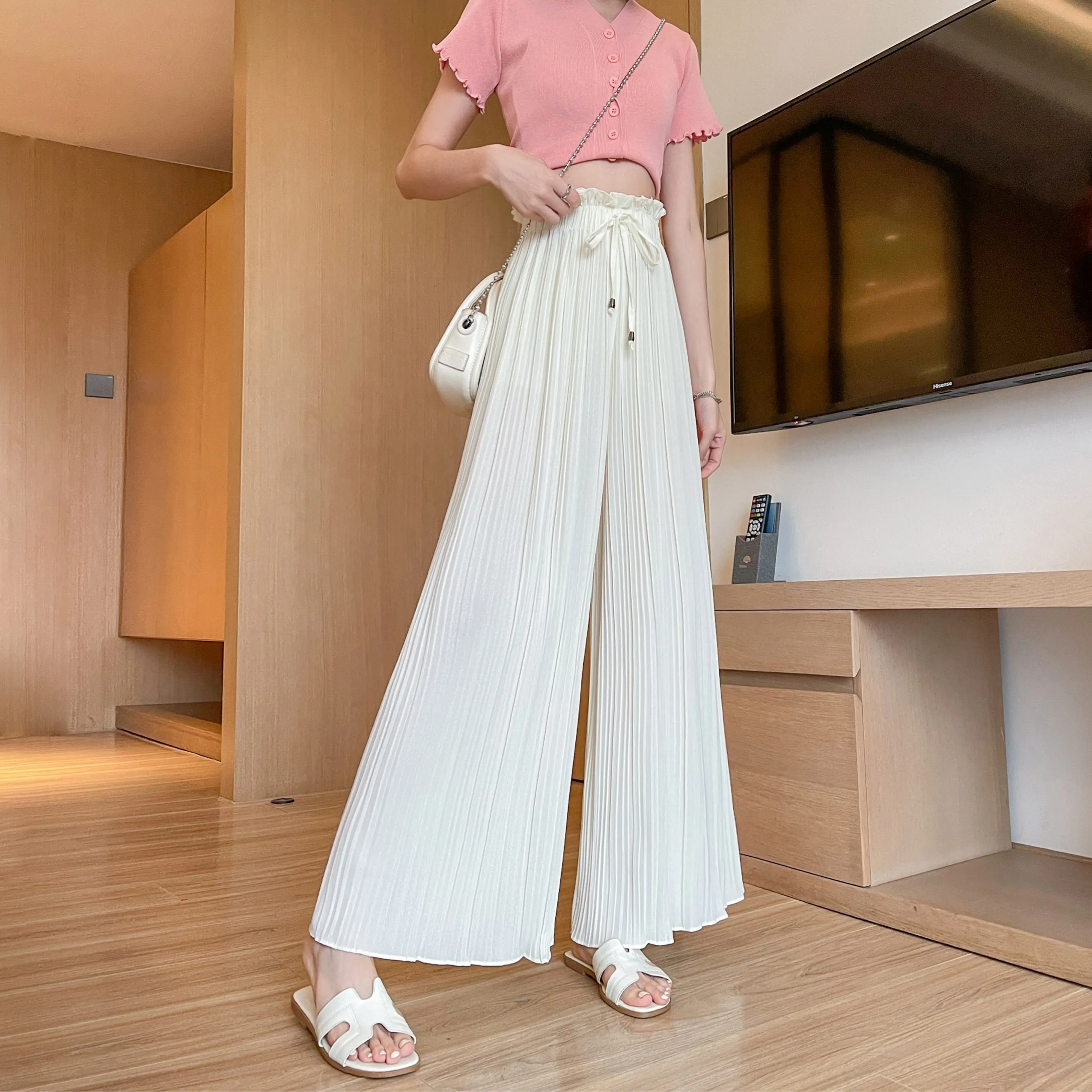 Pleated Chiffon Loose Fit High-Waisted Culottes Draping Pants