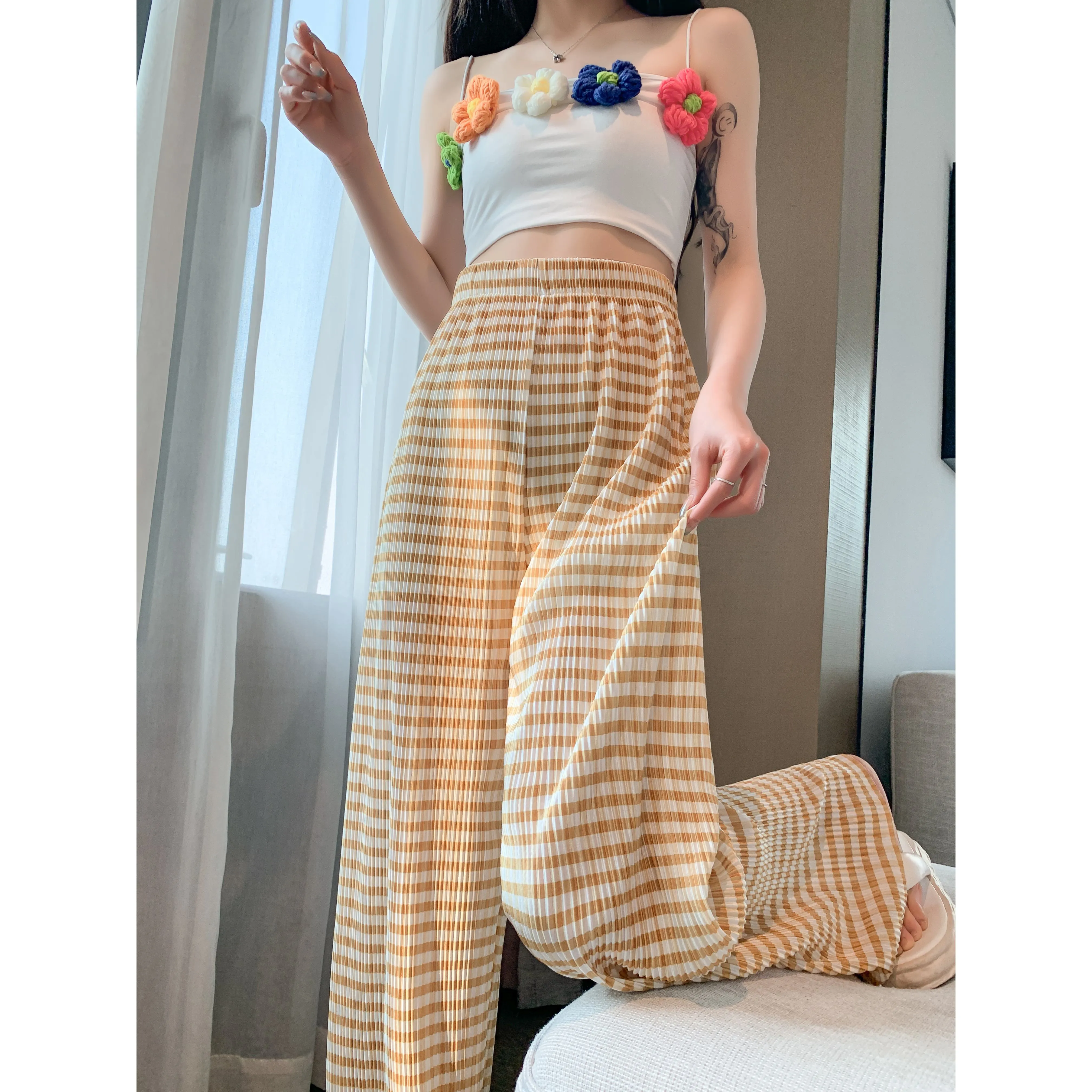 Pleated High-Waisted Draping Straight Leg Floor-Length Thin Plaid Silky Pants