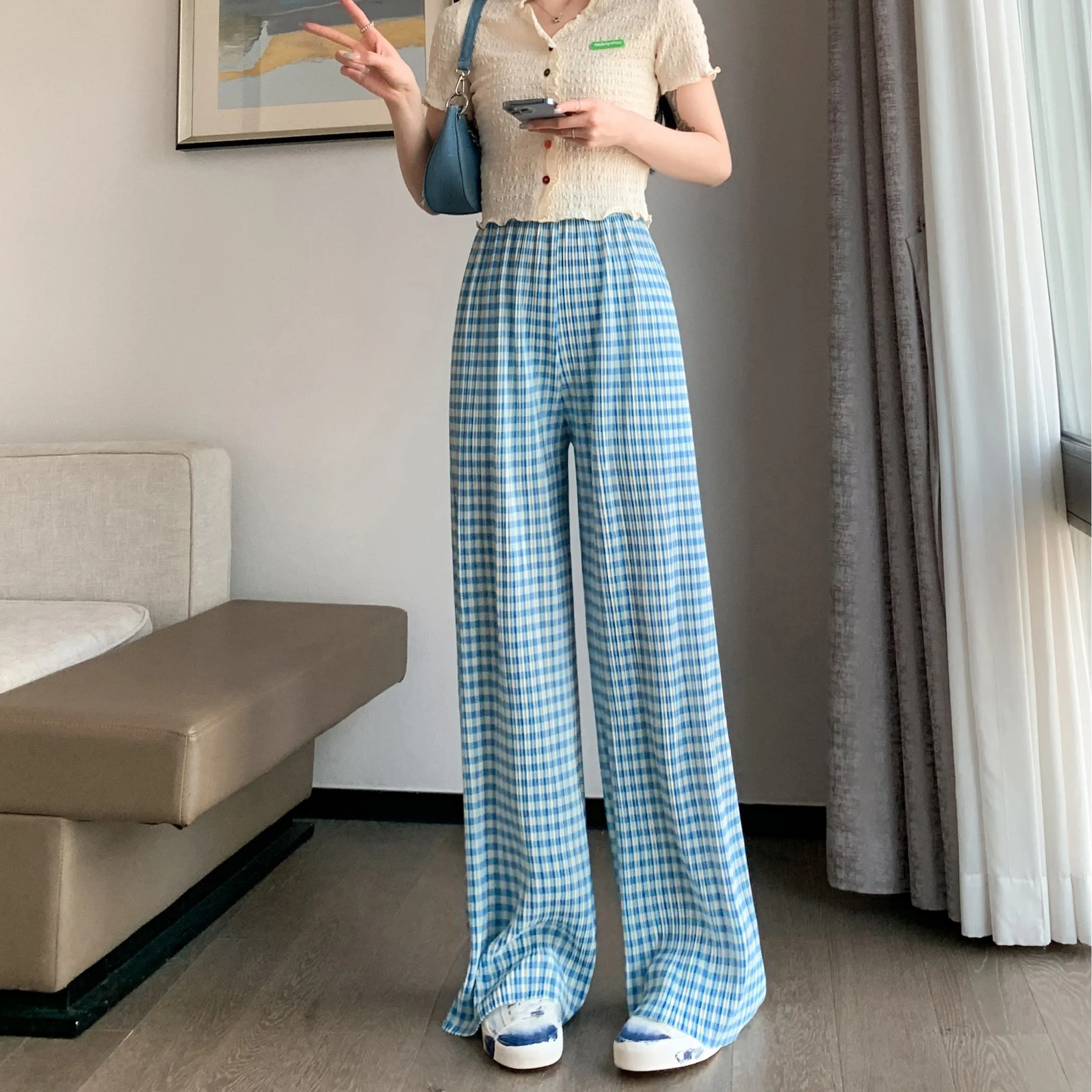 Pleated High-Waisted Draping Straight Leg Floor-Length Thin Plaid Silky Pants