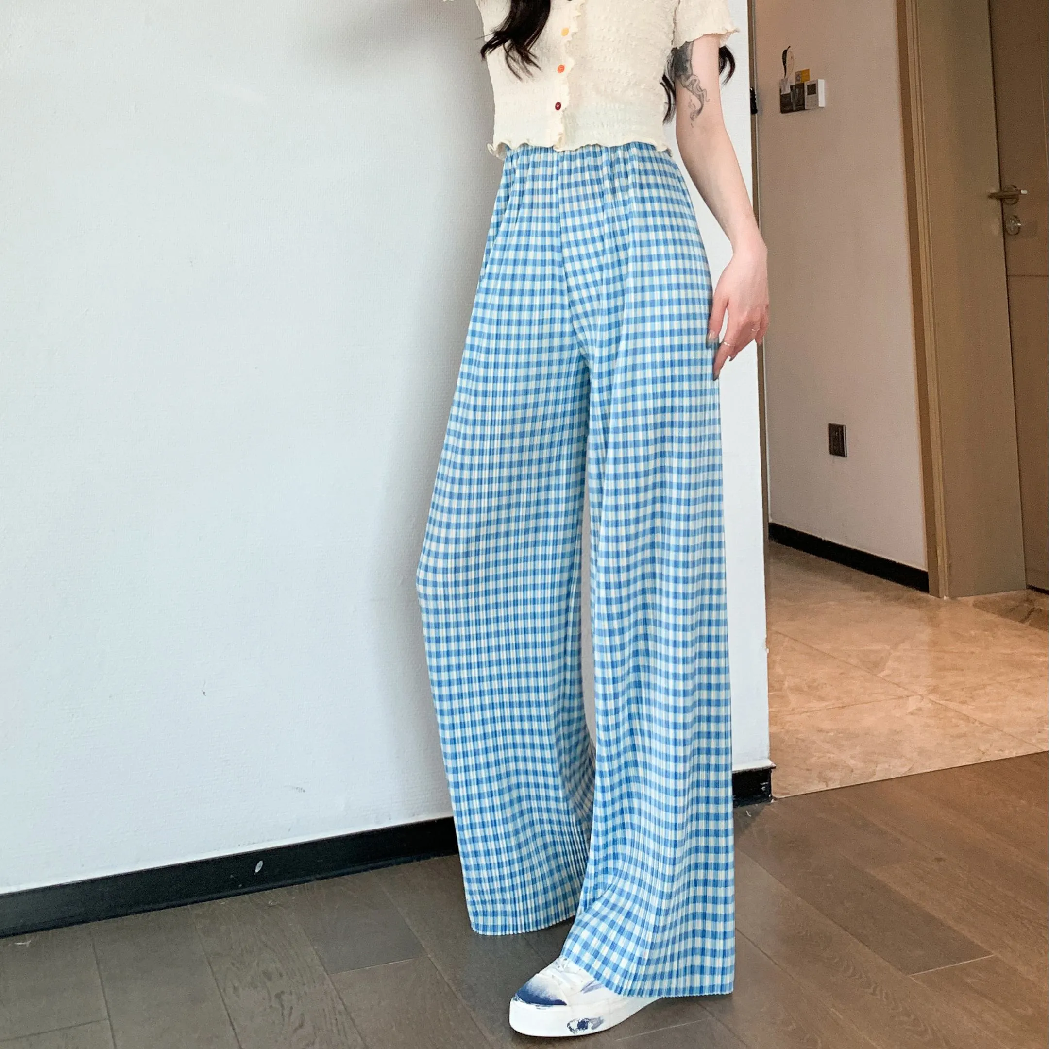 Pleated High-Waisted Draping Straight Leg Floor-Length Thin Plaid Silky Pants