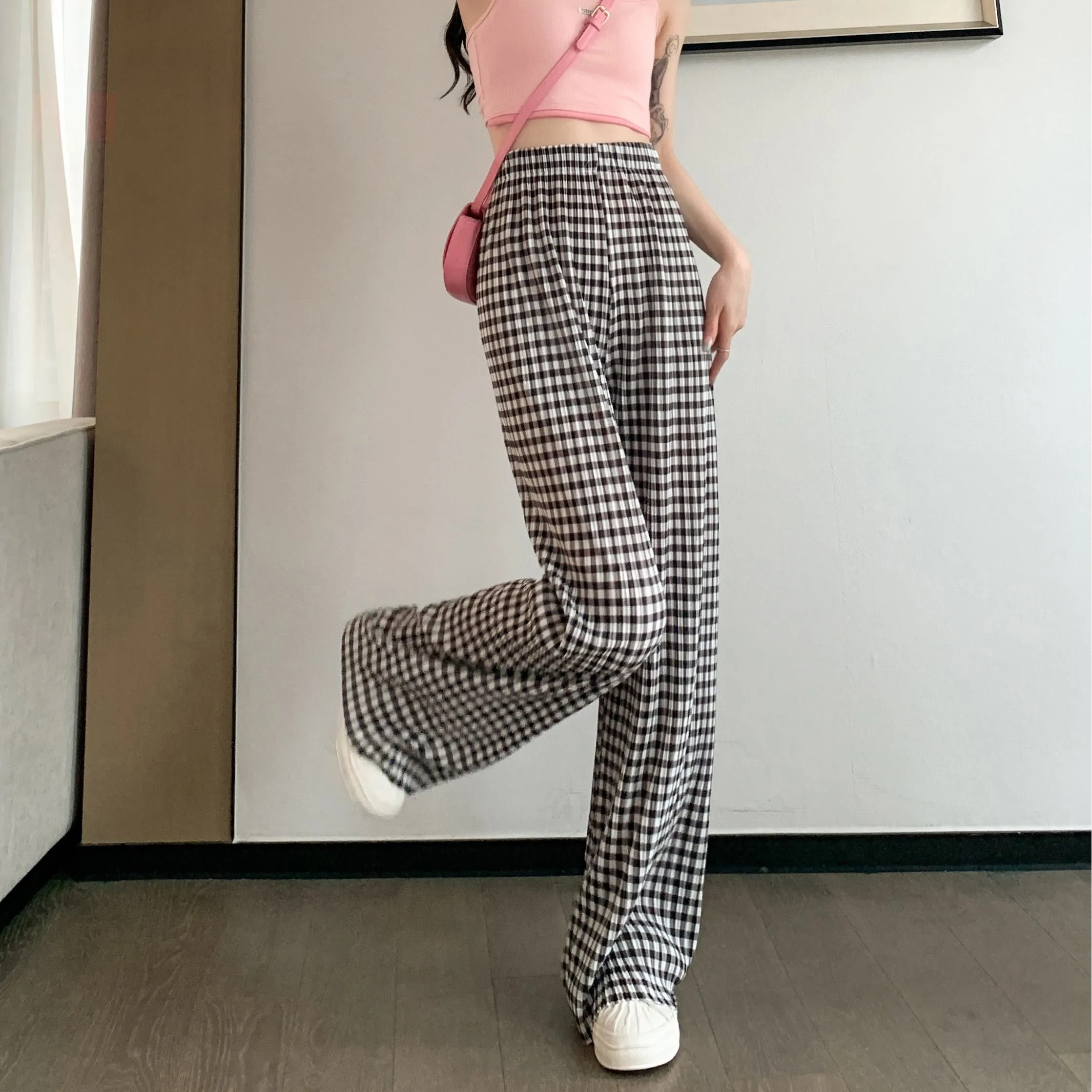 Pleated High-Waisted Draping Straight Leg Floor-Length Thin Plaid Silky Pants