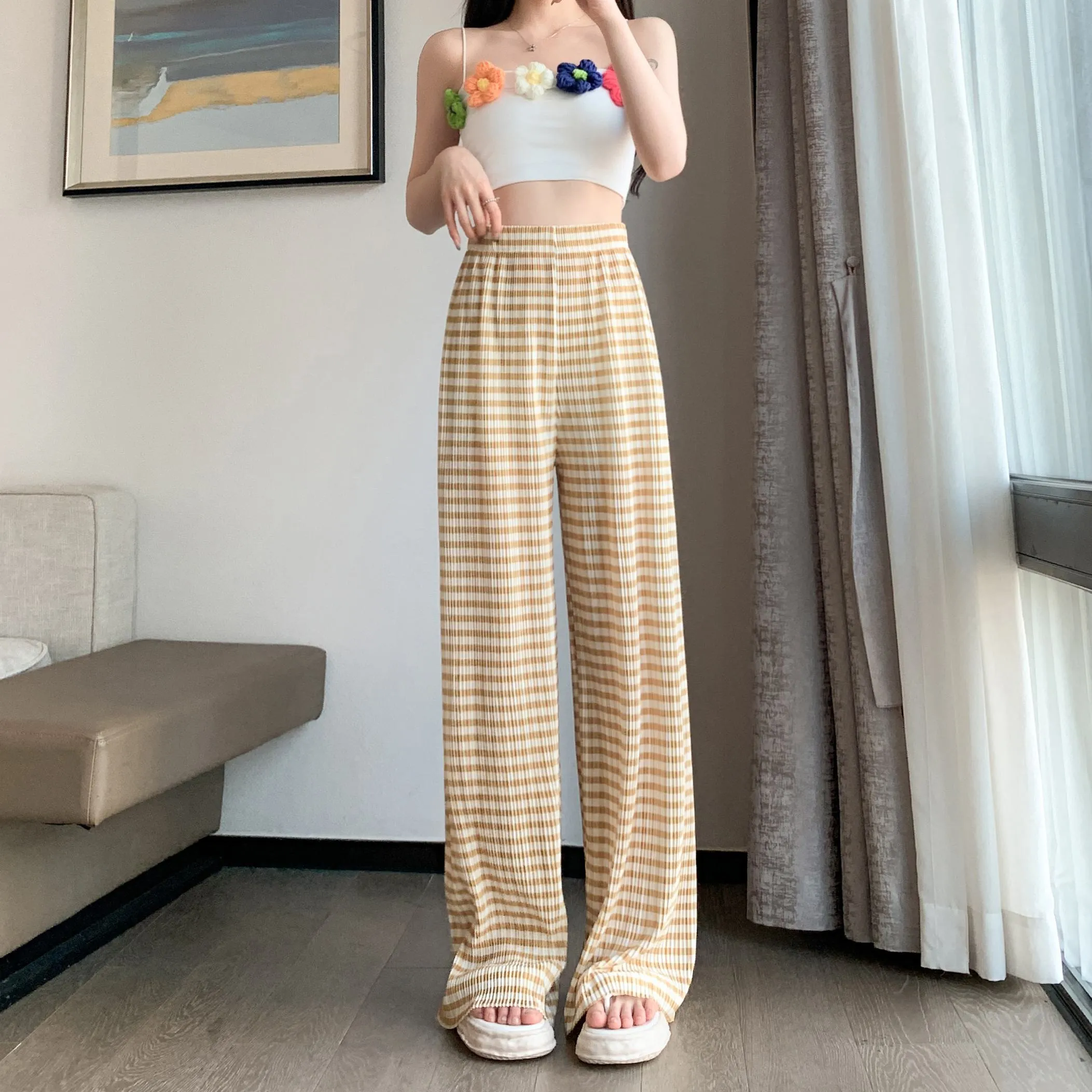 Pleated High-Waisted Draping Straight Leg Floor-Length Thin Plaid Silky Pants