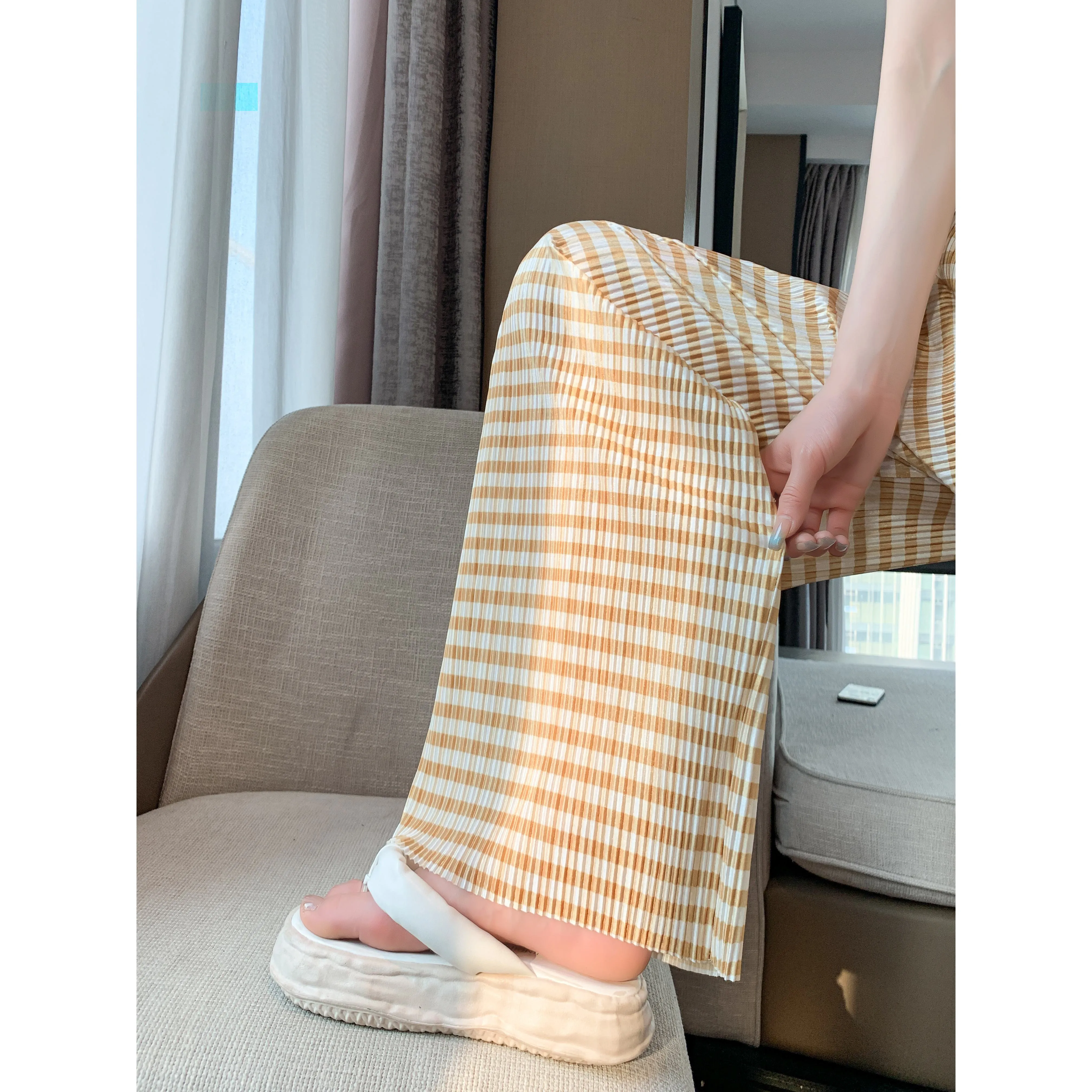 Pleated High-Waisted Draping Straight Leg Floor-Length Thin Plaid Silky Pants