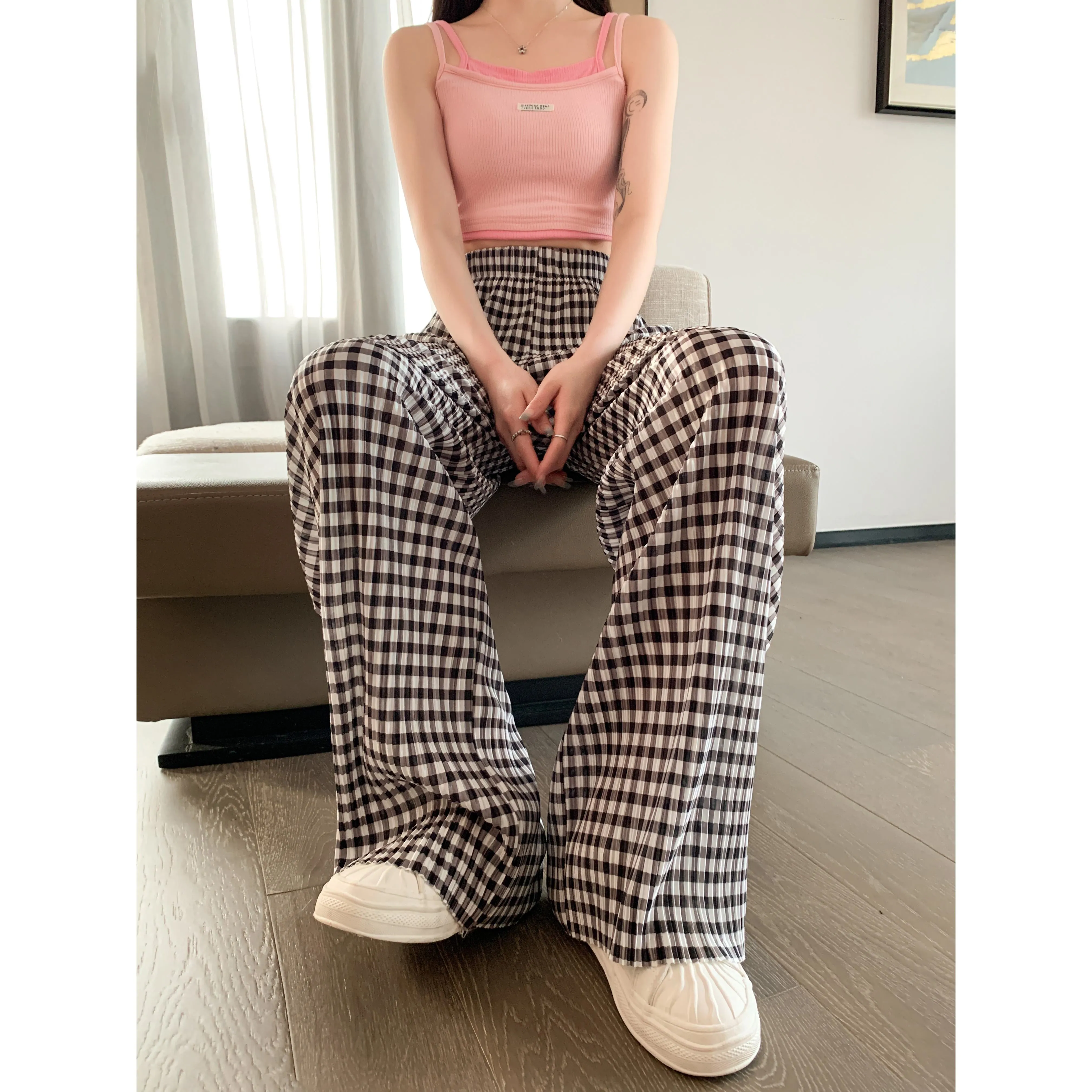 Pleated High-Waisted Draping Straight Leg Floor-Length Thin Plaid Silky Pants