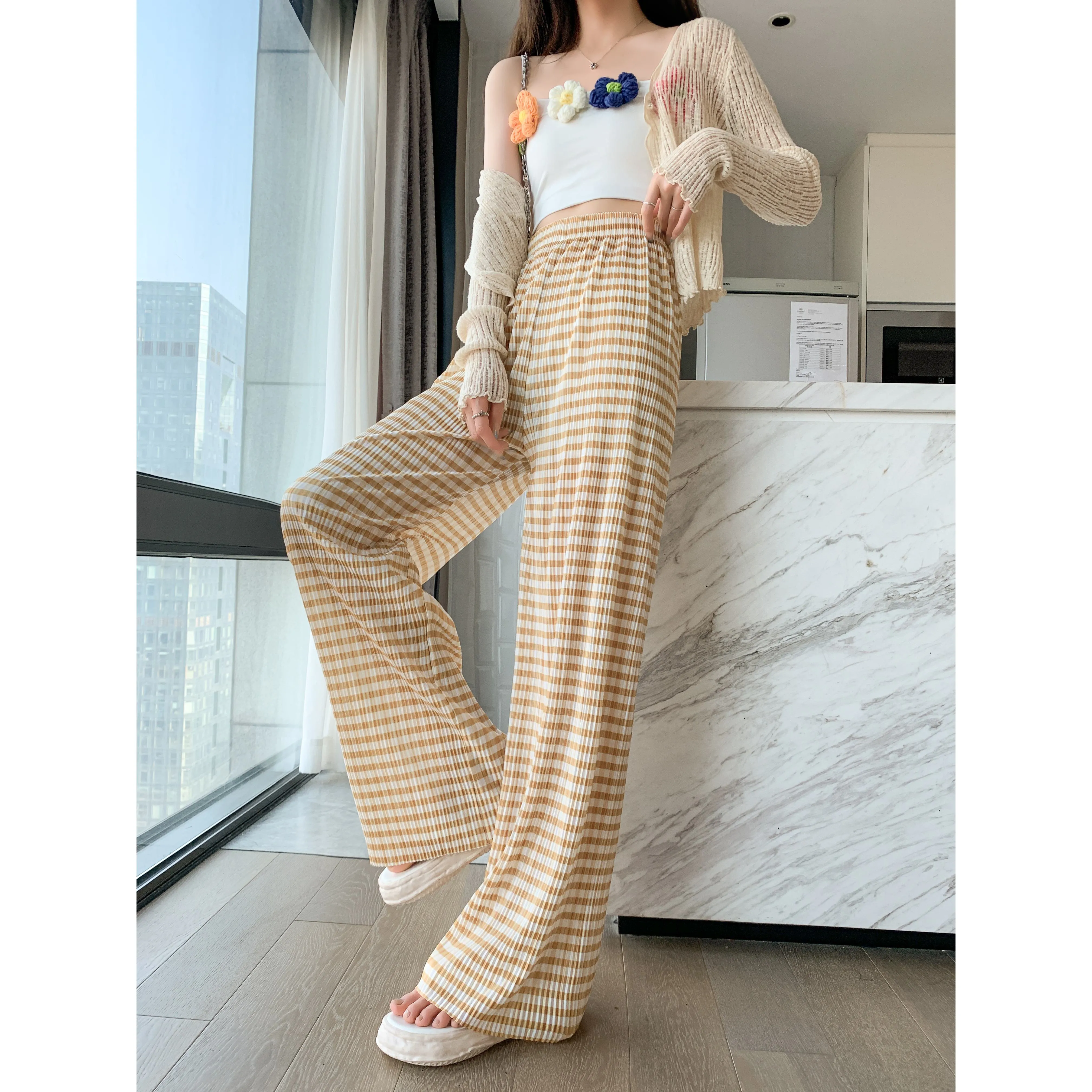 Pleated High-Waisted Draping Straight Leg Floor-Length Thin Plaid Silky Pants