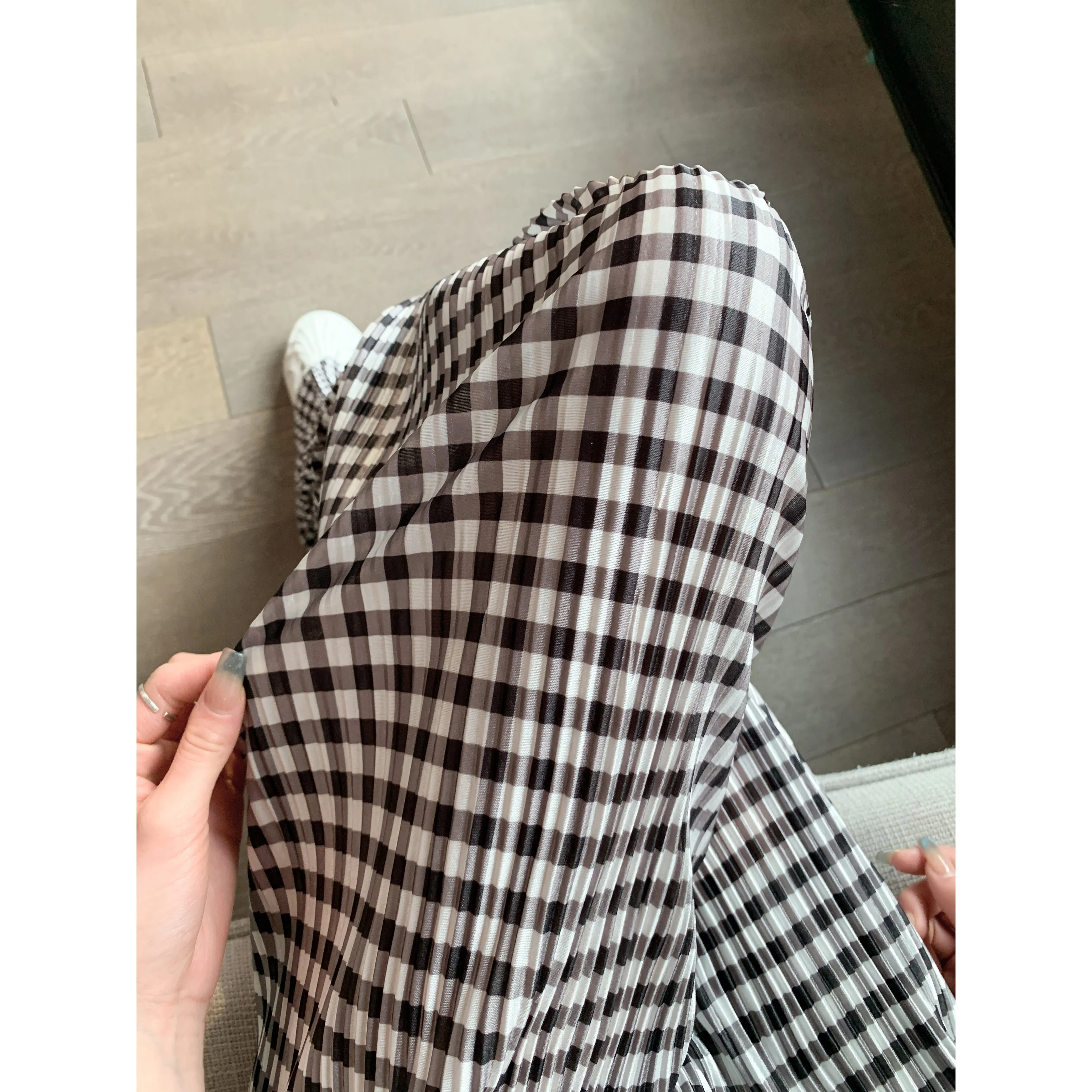 Pleated High-Waisted Draping Straight Leg Floor-Length Thin Plaid Silky Pants