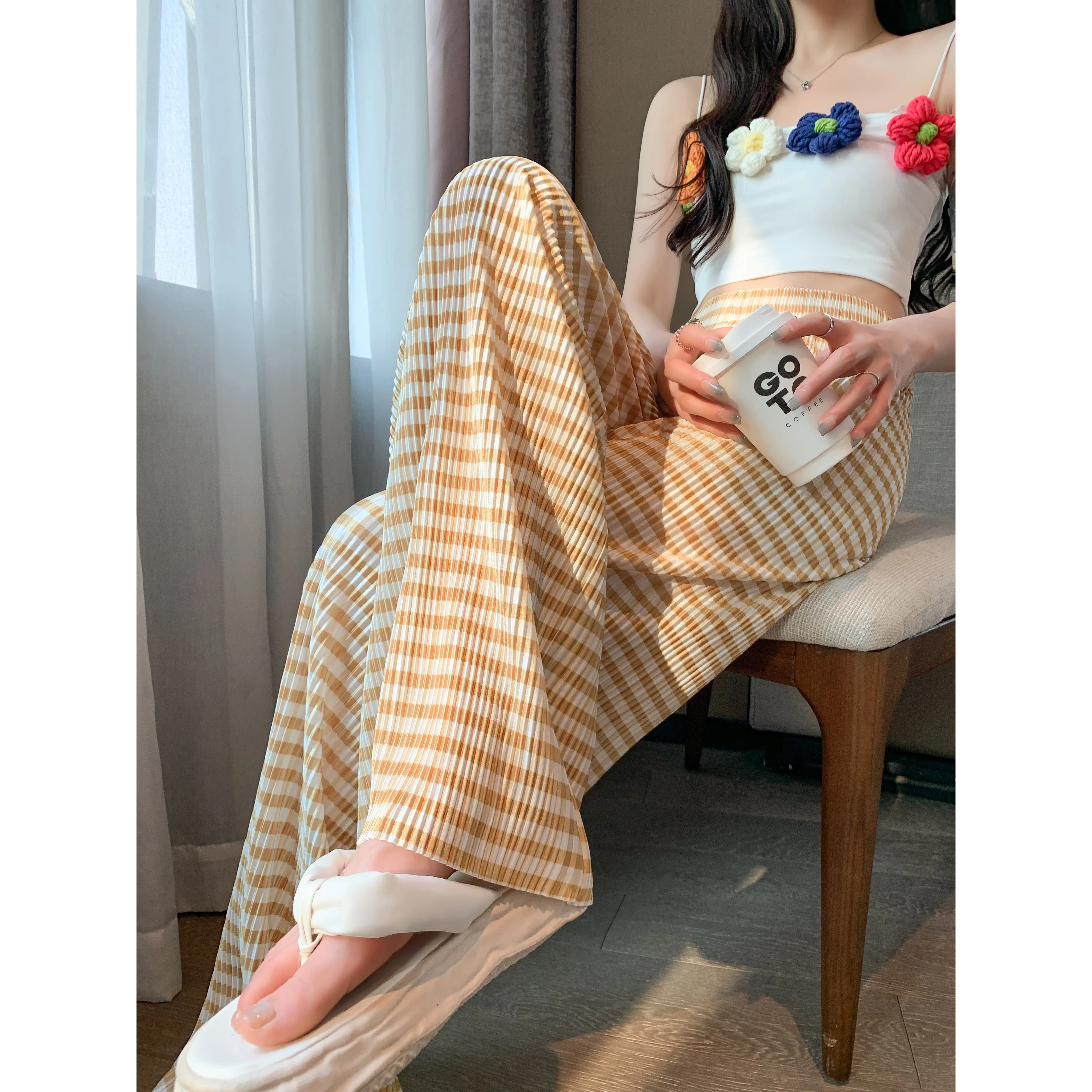 Pleated High-Waisted Draping Straight Leg Floor-Length Thin Plaid Silky Pants