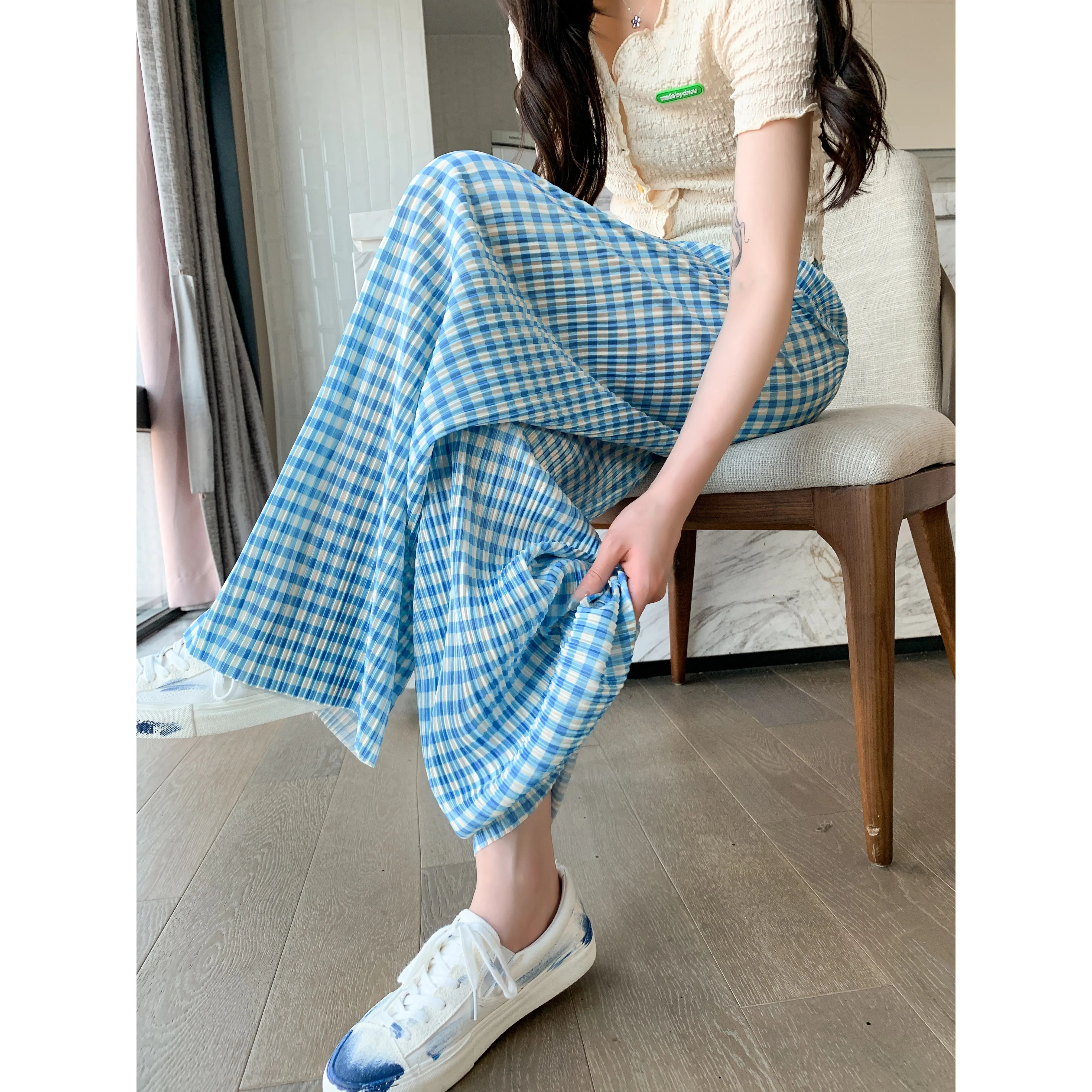 Pleated High-Waisted Draping Straight Leg Floor-Length Thin Plaid Silky Pants