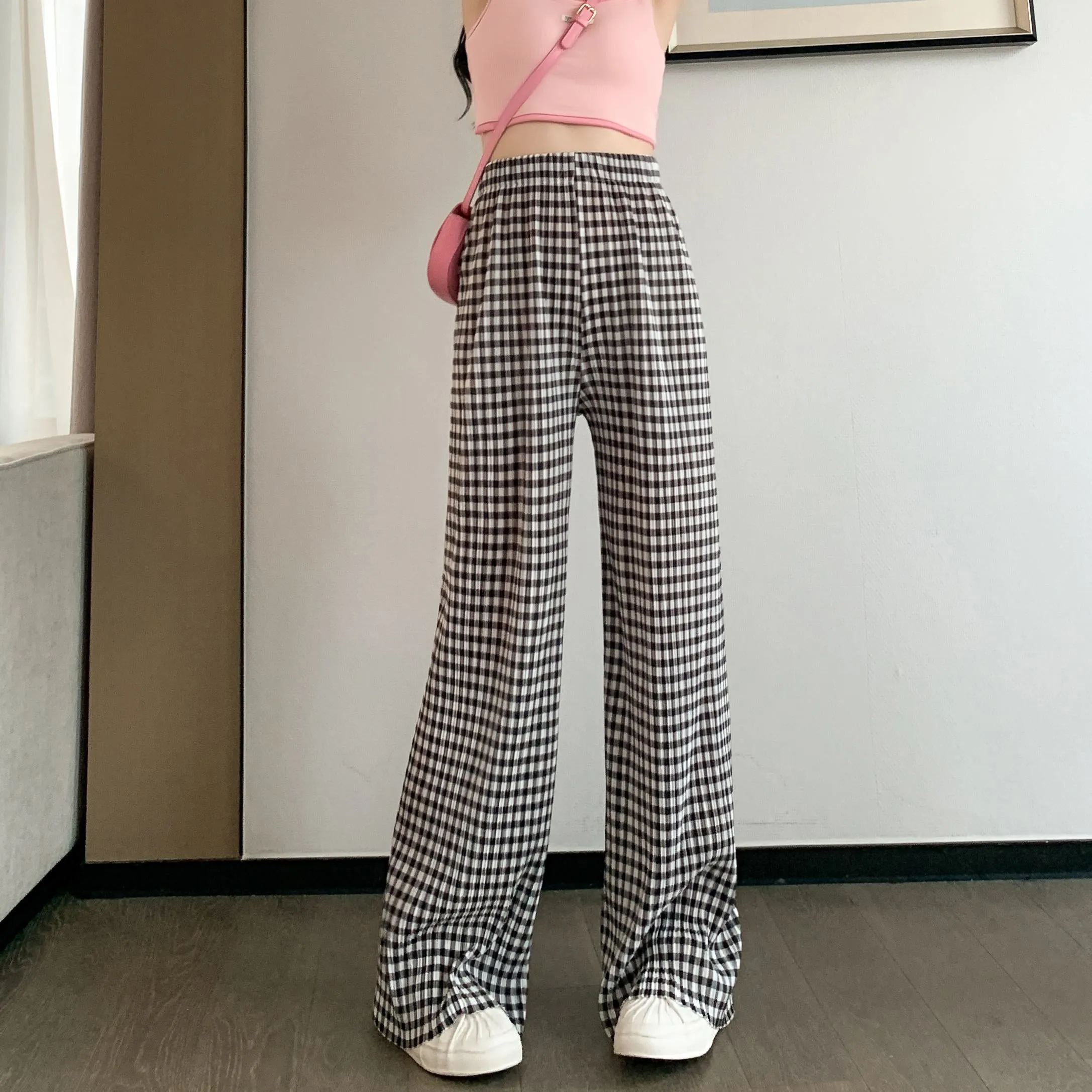 Pleated High-Waisted Draping Straight Leg Floor-Length Thin Plaid Silky Pants