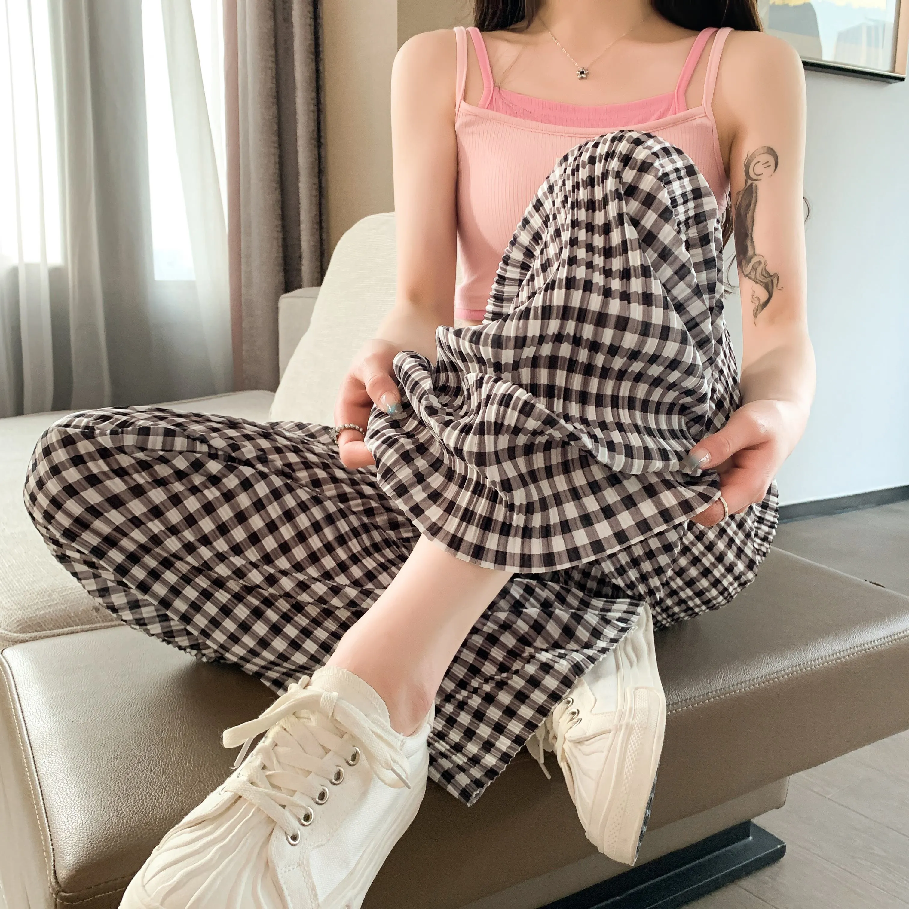 Pleated High-Waisted Draping Straight Leg Floor-Length Thin Plaid Silky Pants