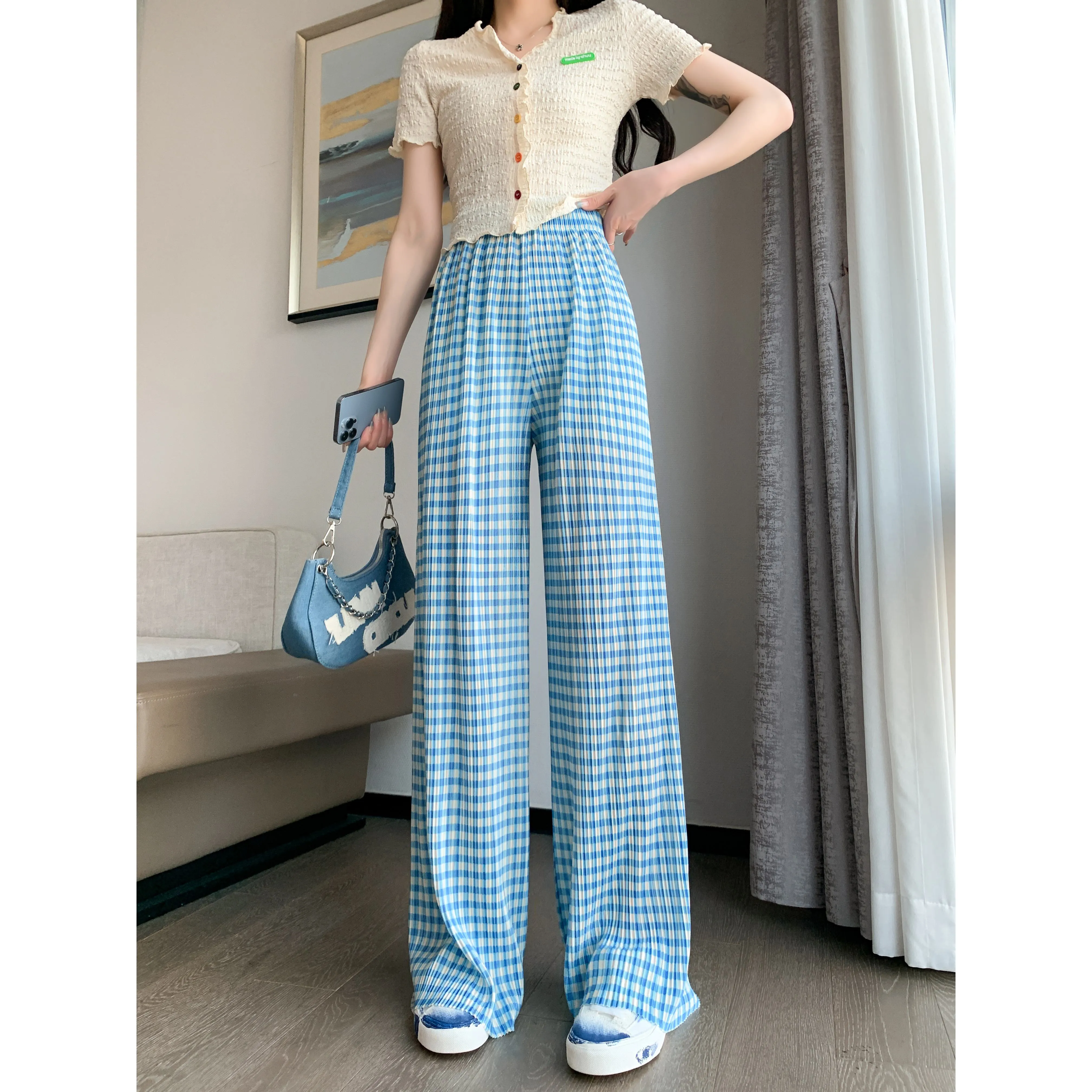 Pleated High-Waisted Draping Straight Leg Floor-Length Thin Plaid Silky Pants