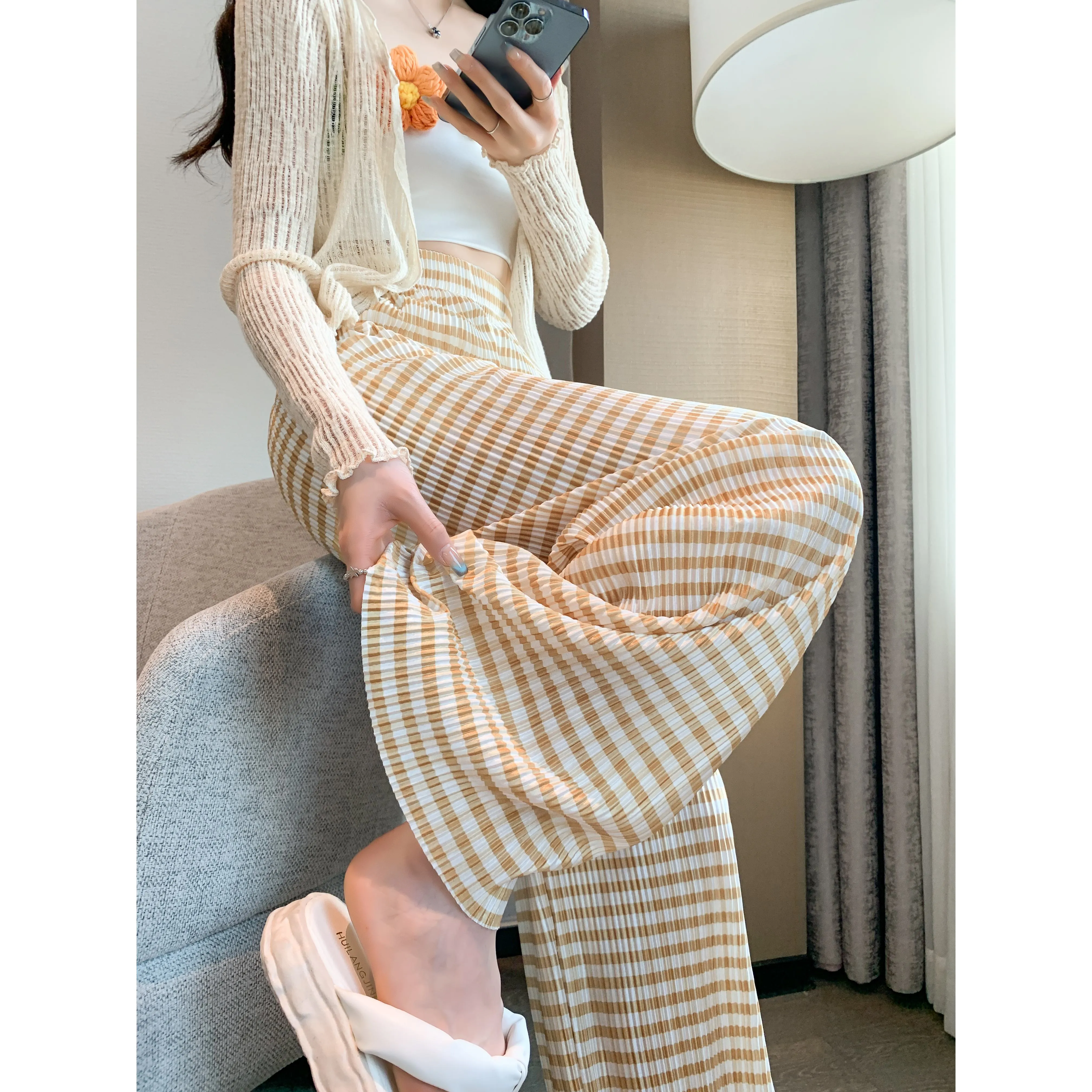 Pleated High-Waisted Draping Straight Leg Floor-Length Thin Plaid Silky Pants