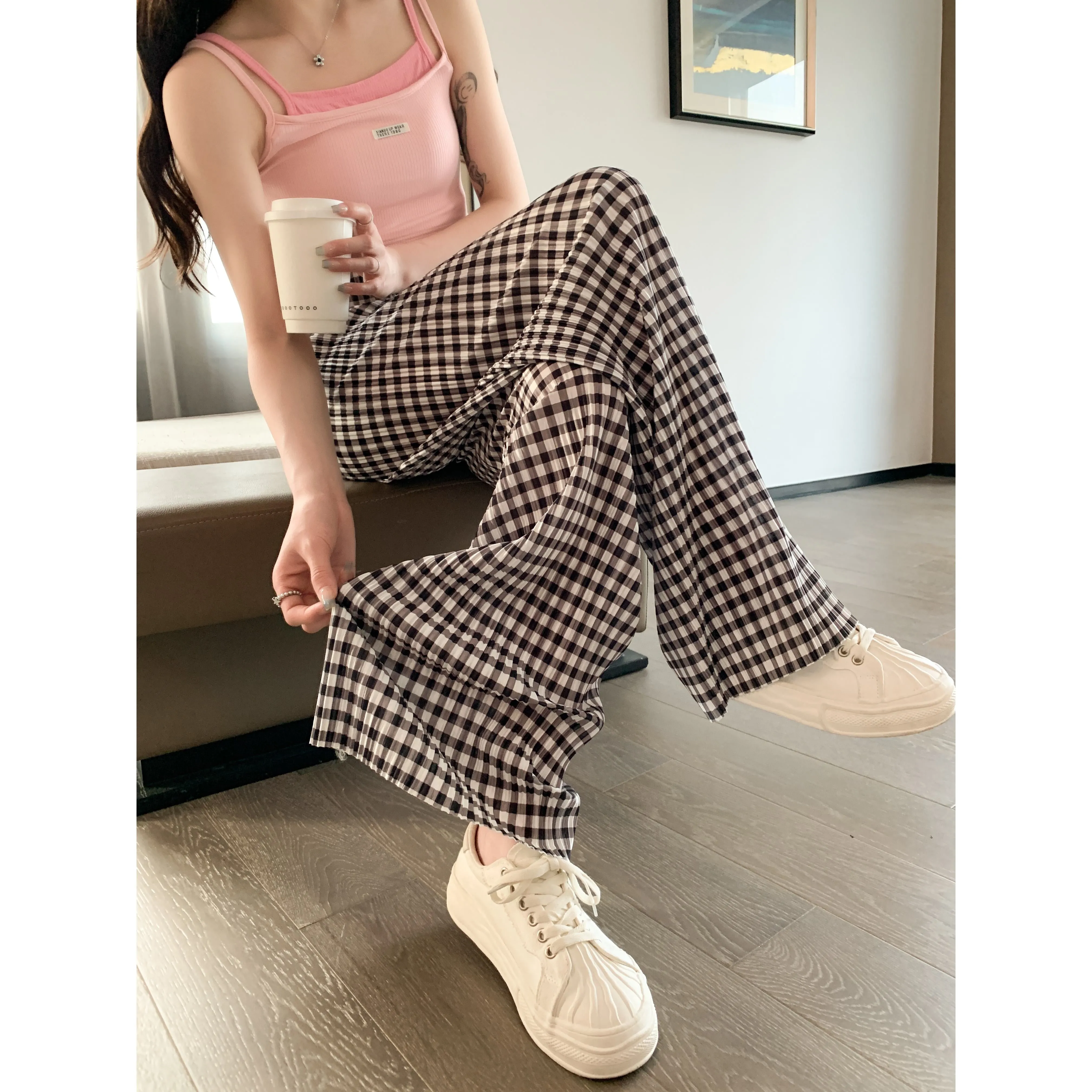 Pleated High-Waisted Draping Straight Leg Floor-Length Thin Plaid Silky Pants