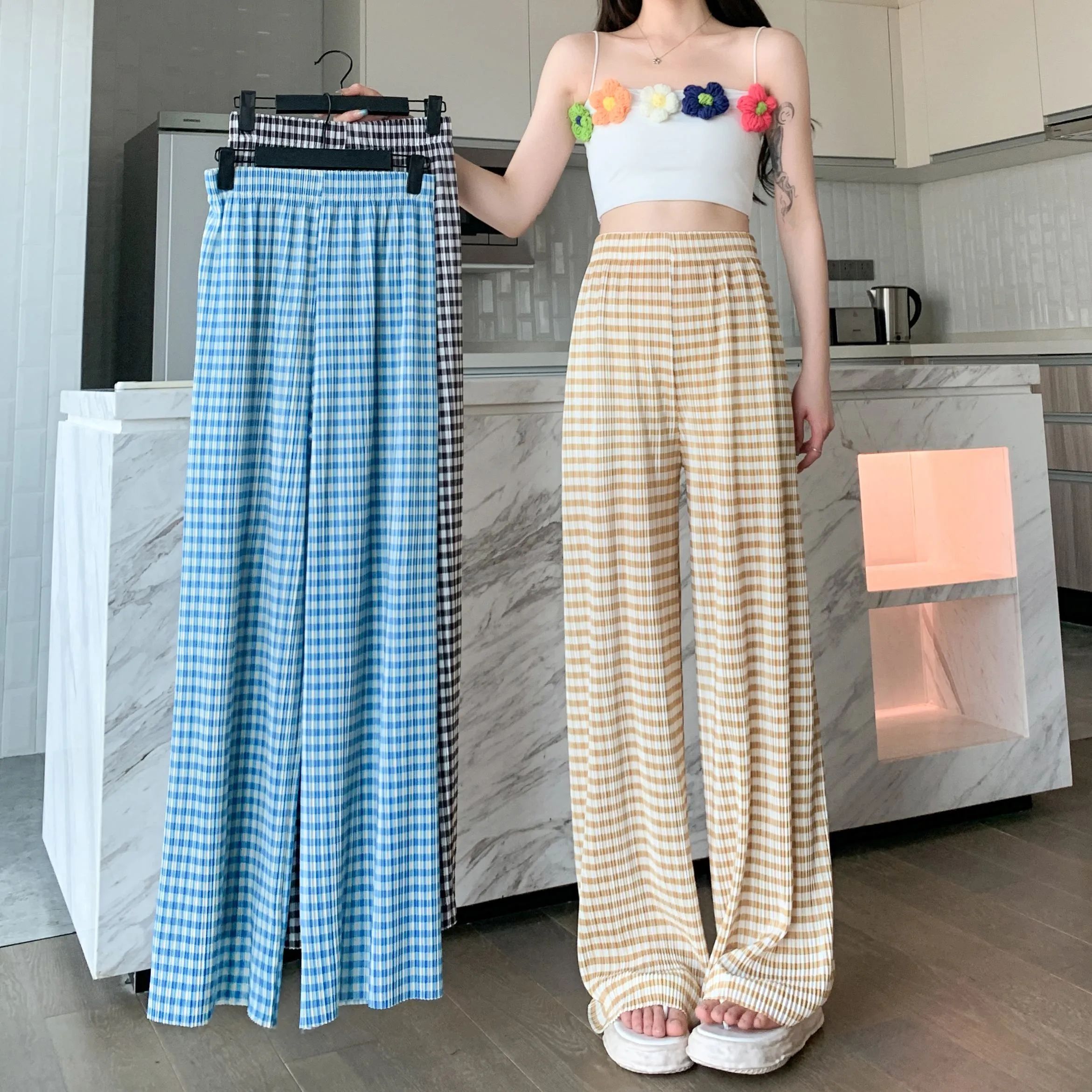 Pleated High-Waisted Draping Straight Leg Floor-Length Thin Plaid Silky Pants