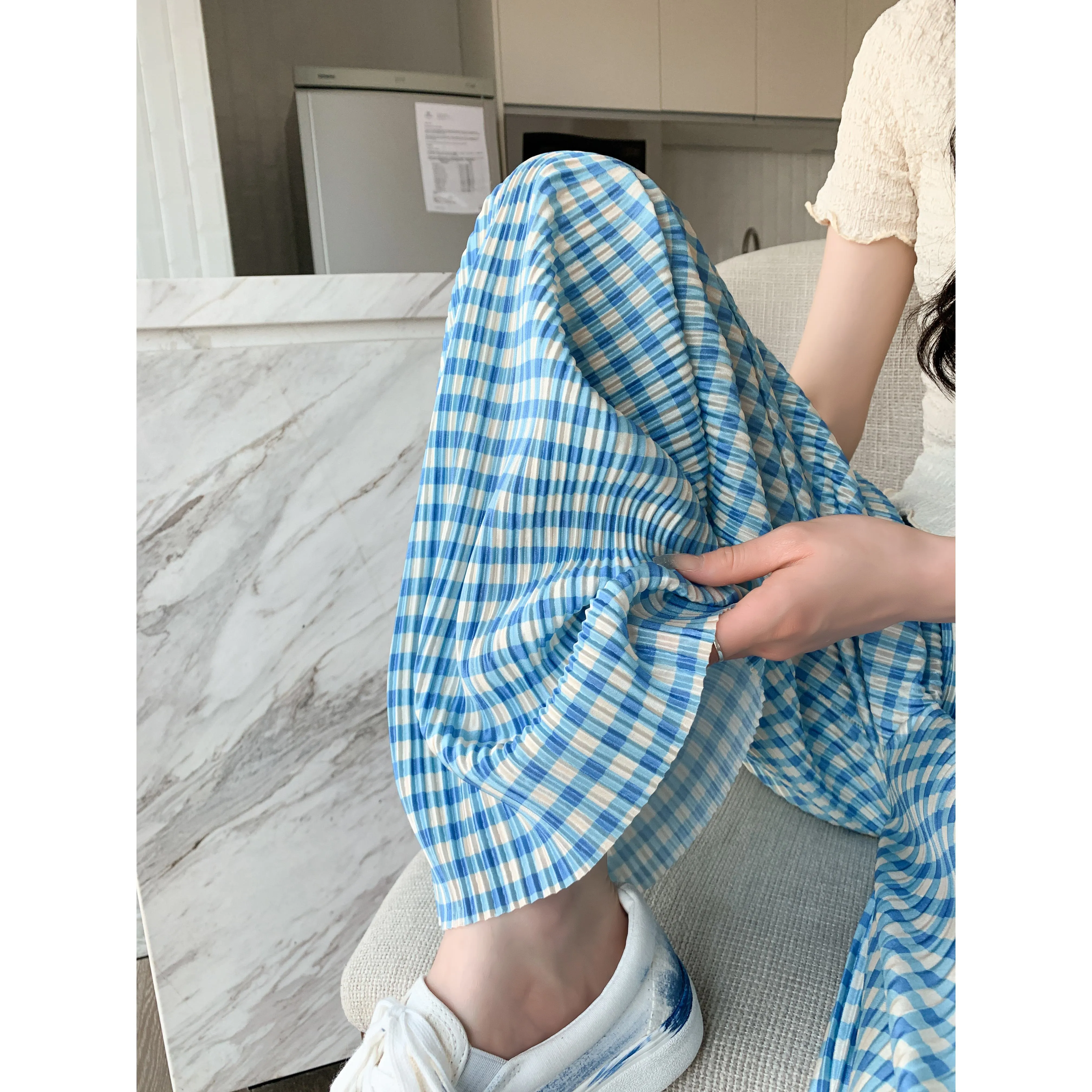 Pleated High-Waisted Draping Straight Leg Floor-Length Thin Plaid Silky Pants