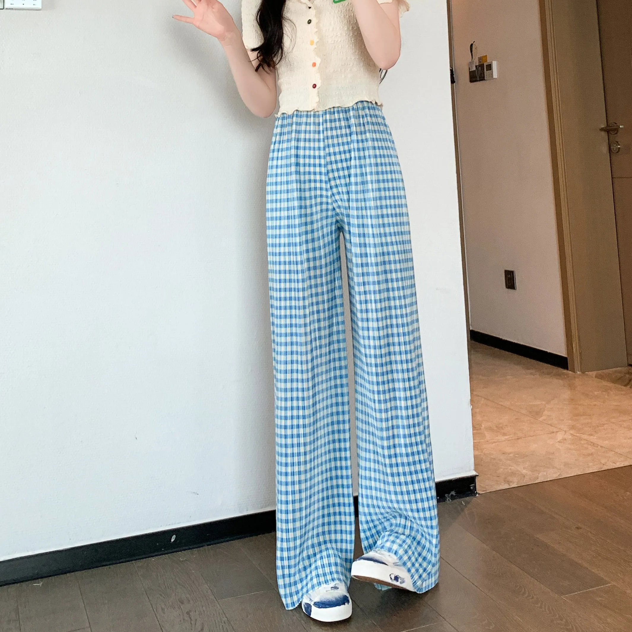 Pleated High-Waisted Draping Straight Leg Floor-Length Thin Plaid Silky Pants