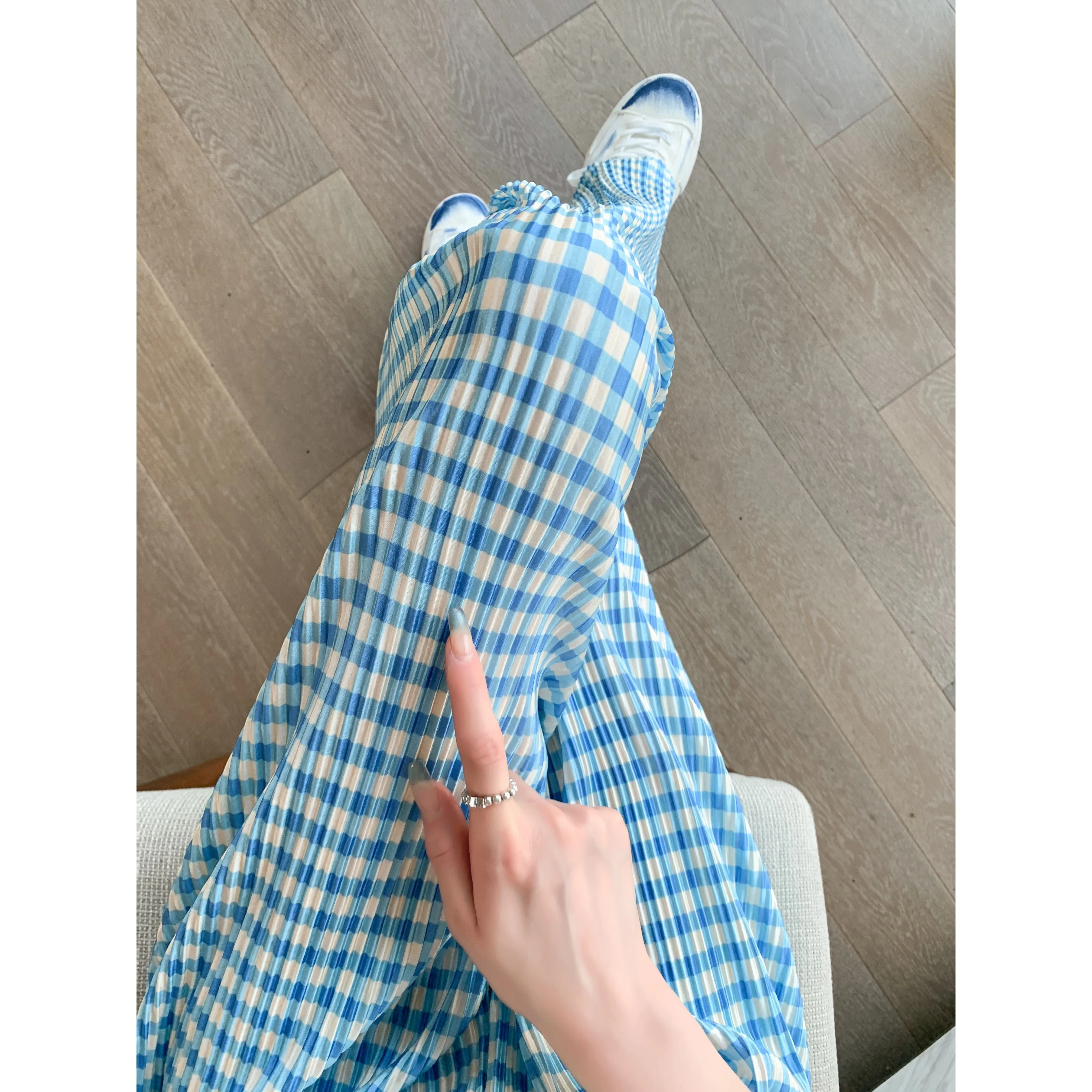 Pleated High-Waisted Draping Straight Leg Floor-Length Thin Plaid Silky Pants