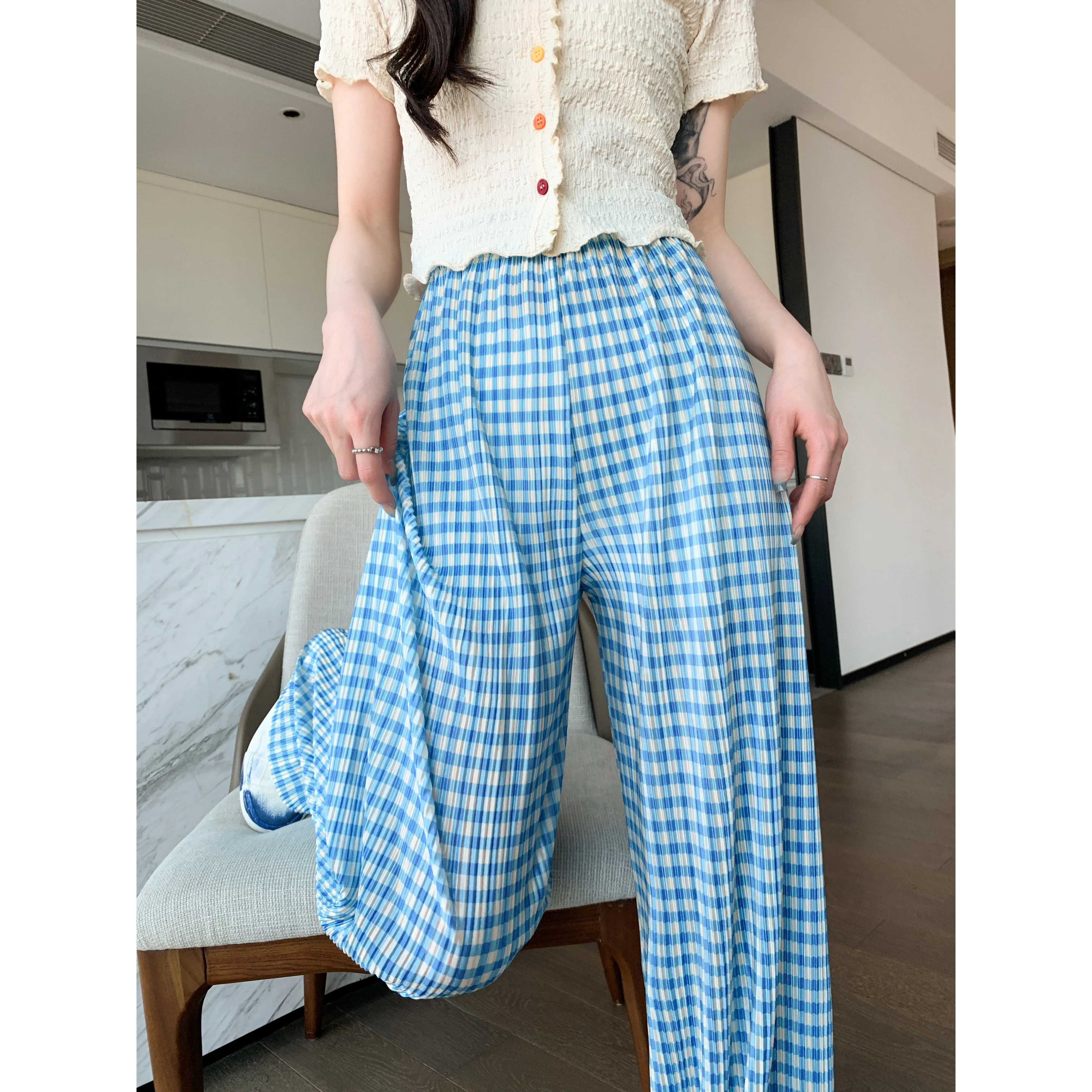 Pleated High-Waisted Draping Straight Leg Floor-Length Thin Plaid Silky Pants