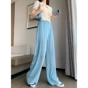 Pleated High-Waisted Draping Straight Leg Floor-Length Thin Plaid Silky Pants