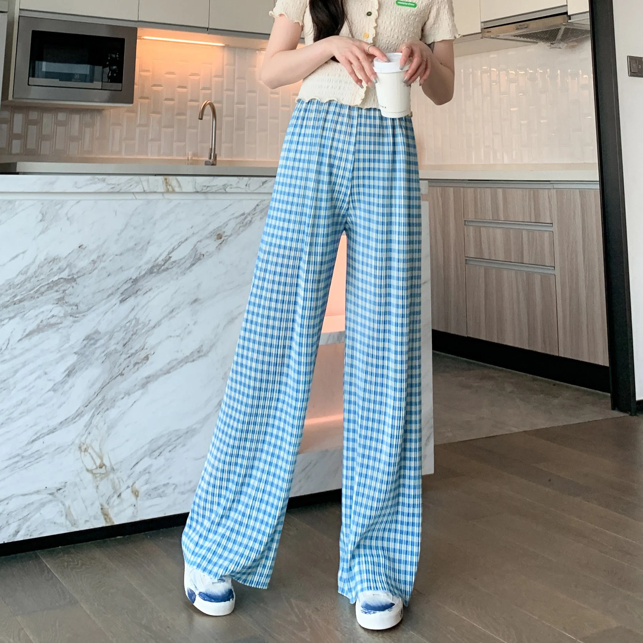 Pleated High-Waisted Draping Straight Leg Floor-Length Thin Plaid Silky Pants