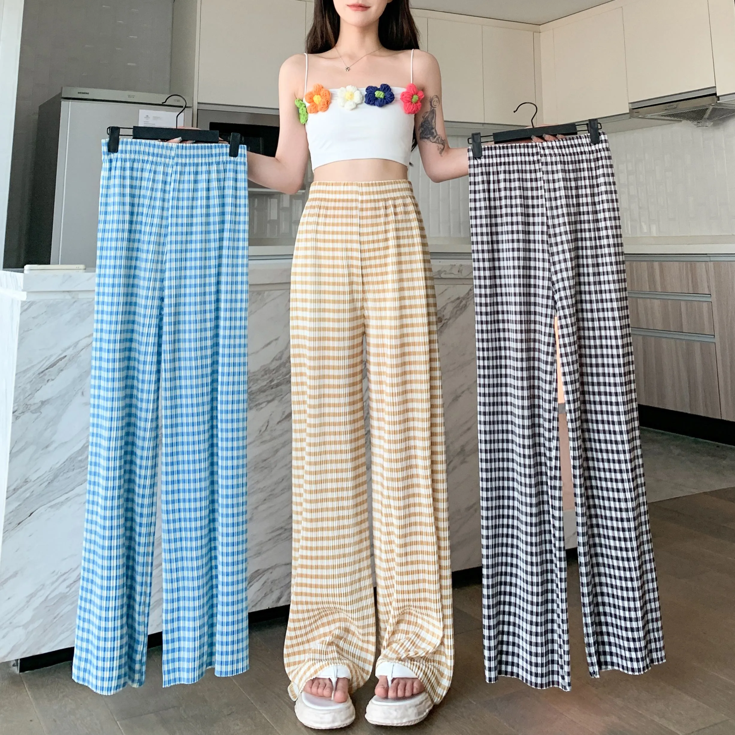 Pleated High-Waisted Draping Straight Leg Floor-Length Thin Plaid Silky Pants