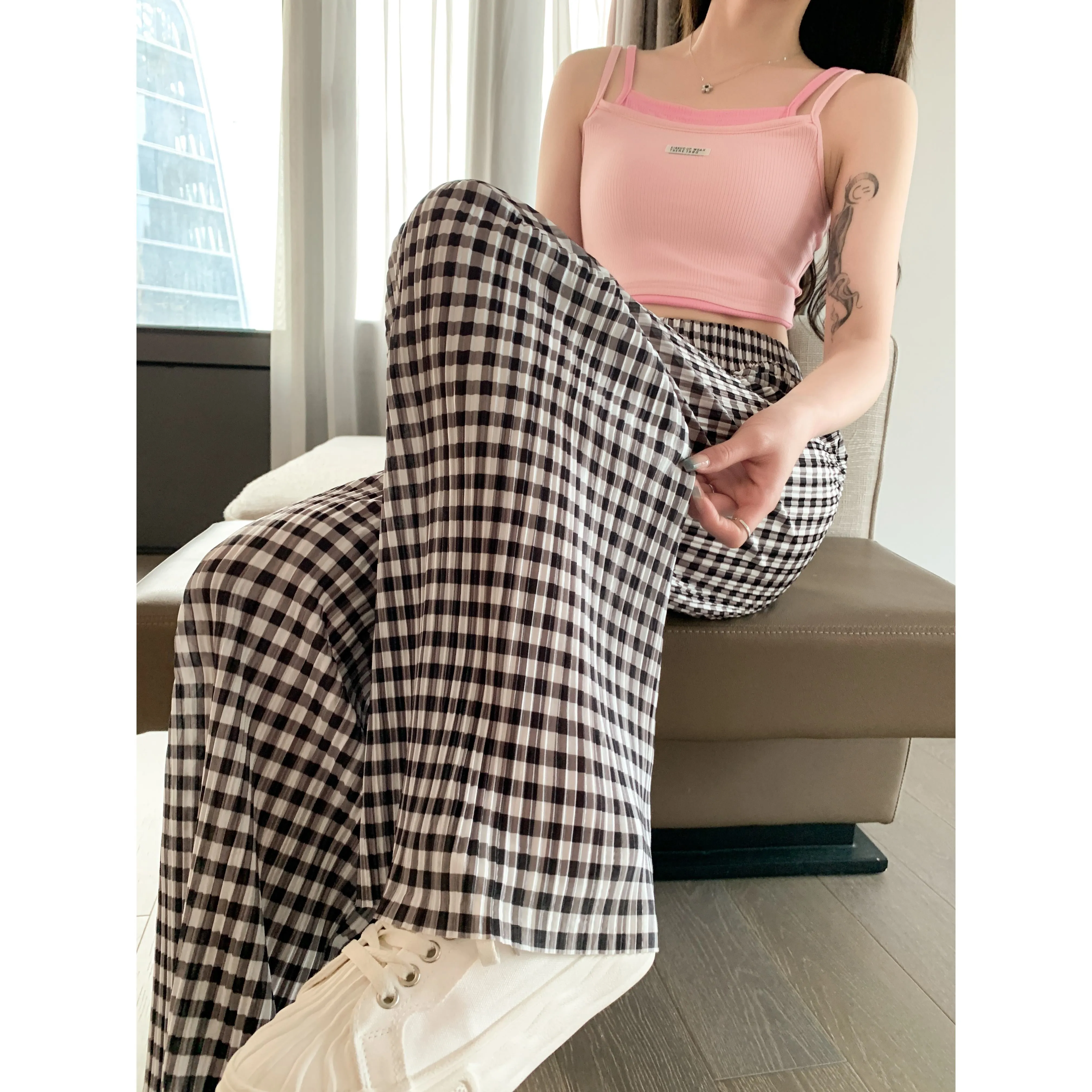 Pleated High-Waisted Draping Straight Leg Floor-Length Thin Plaid Silky Pants