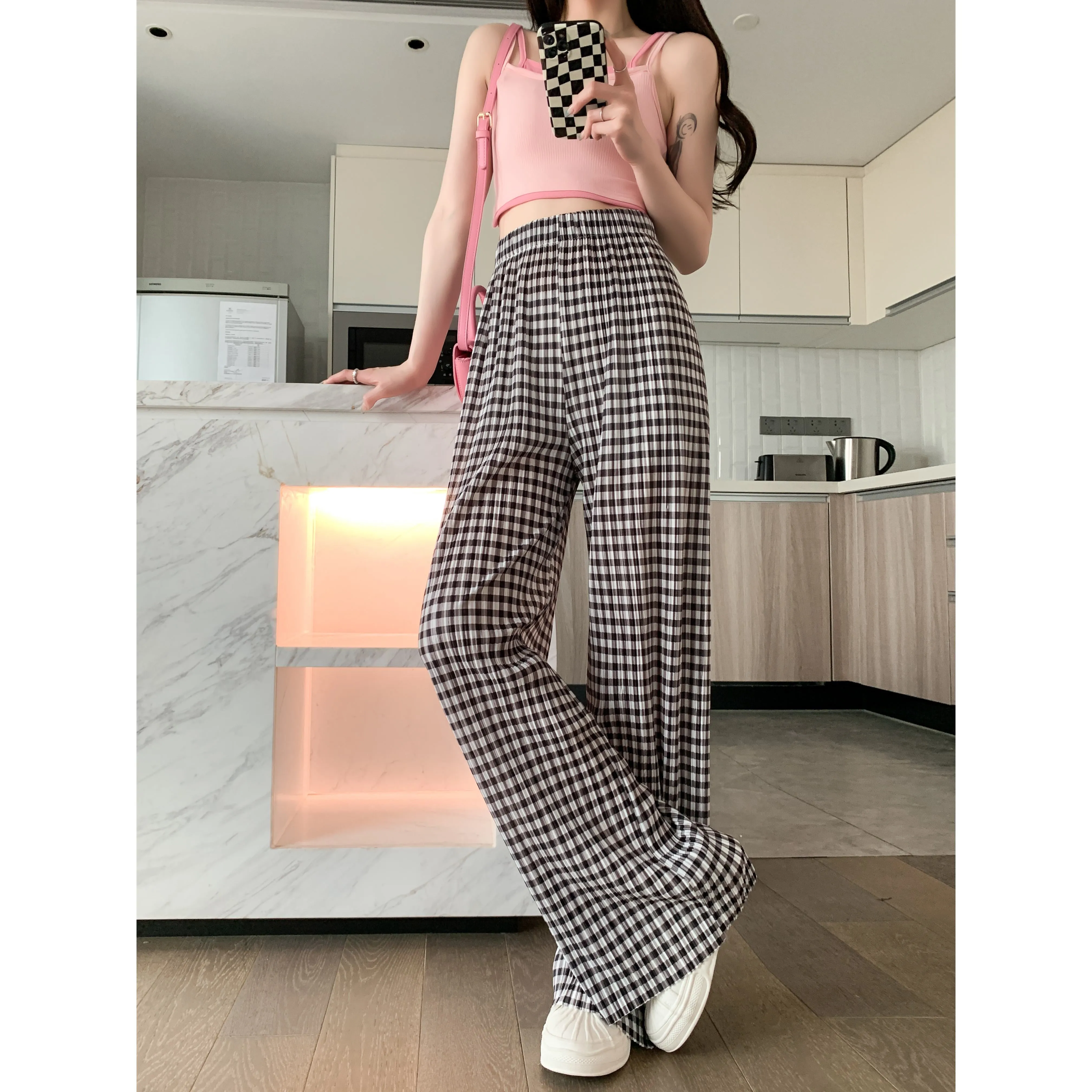 Pleated High-Waisted Draping Straight Leg Floor-Length Thin Plaid Silky Pants