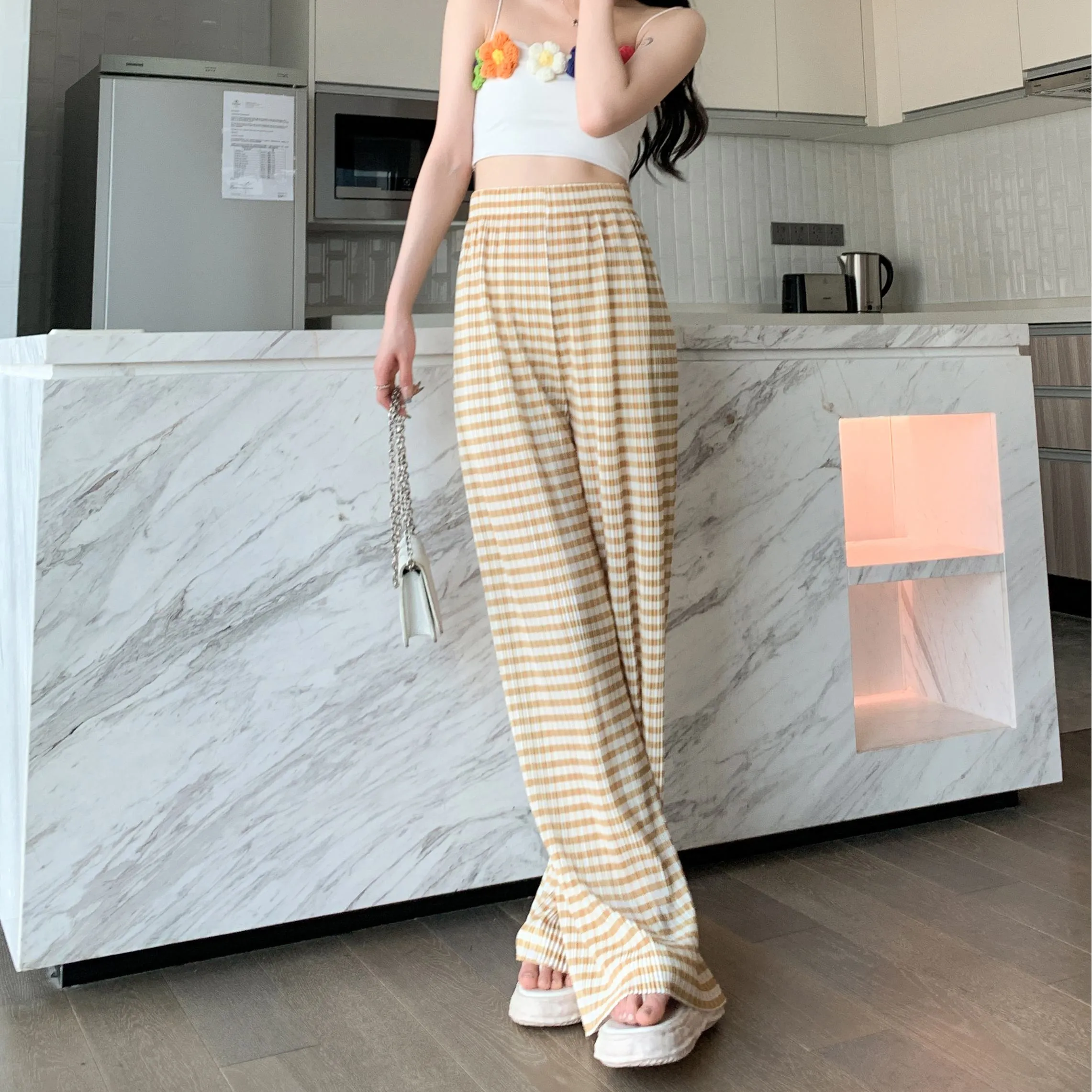 Pleated High-Waisted Draping Straight Leg Floor-Length Thin Plaid Silky Pants