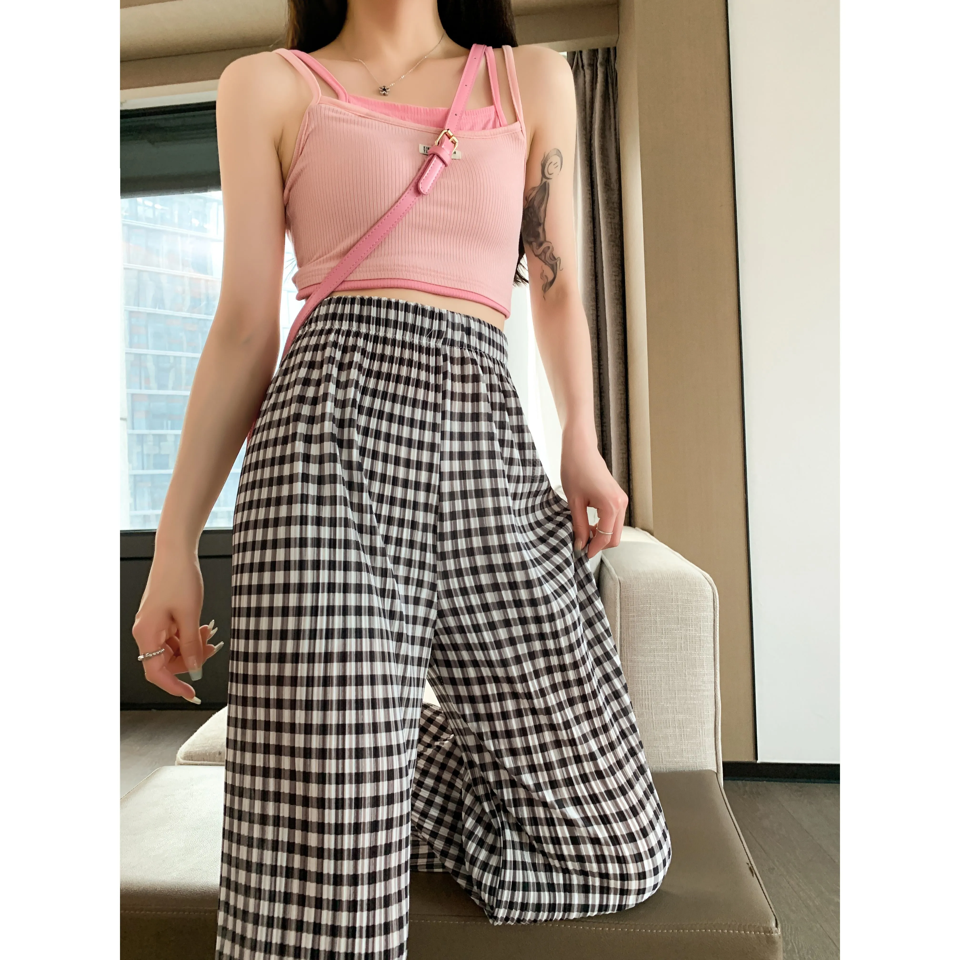 Pleated High-Waisted Draping Straight Leg Floor-Length Thin Plaid Silky Pants